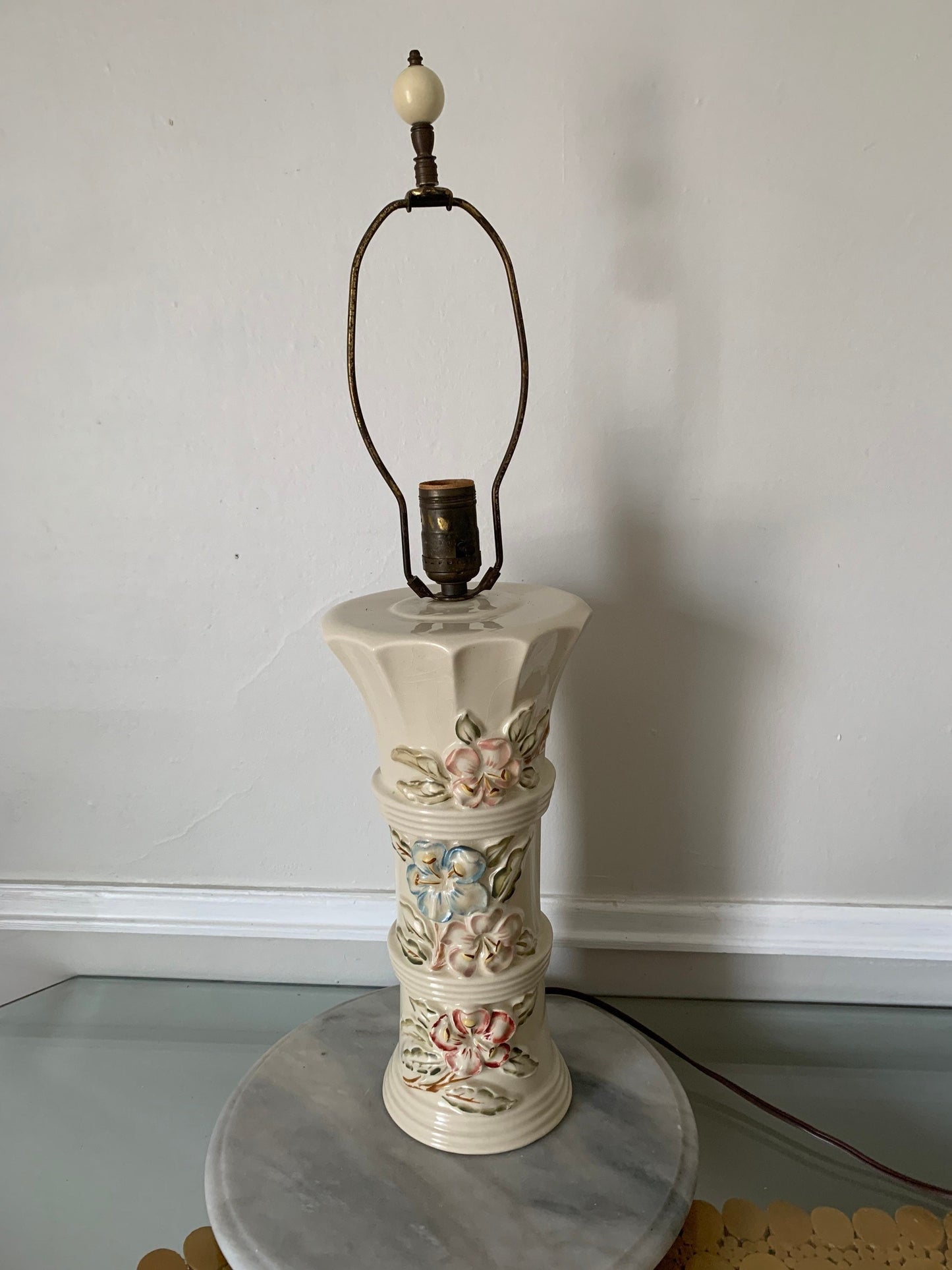 Vintage Medium Cream Ceramic Lamp with Pastel Flowers Table Lamp