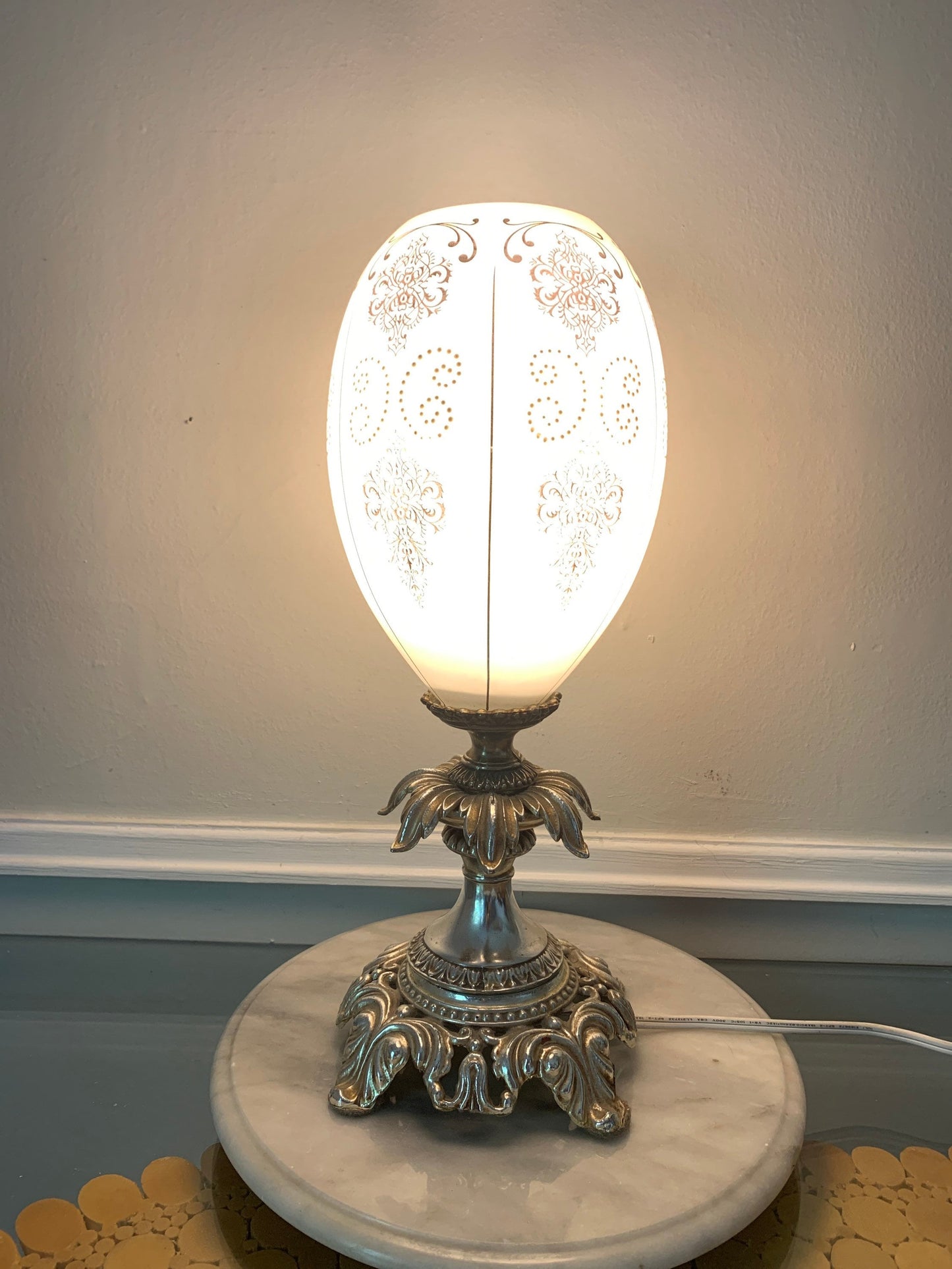 MCM Gold Tone Metal Lamp with a White Frosted Glass Shade