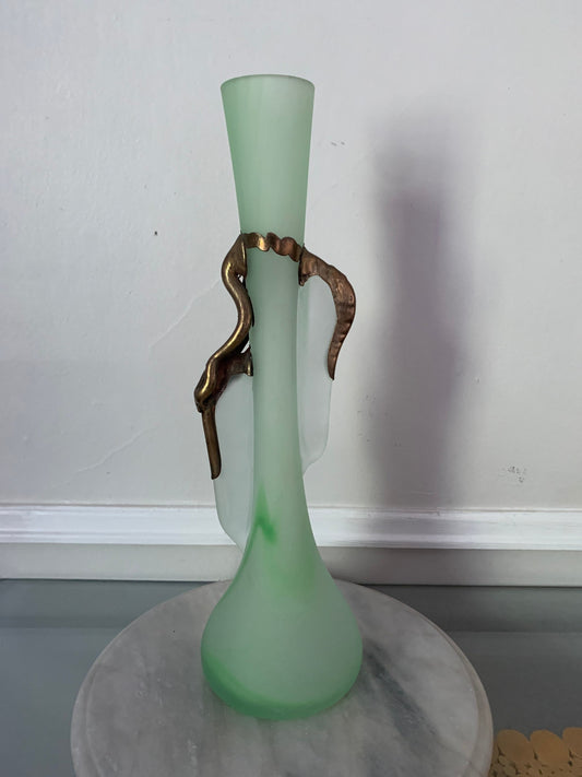 Retro Green Romblast Romanian Mouth Blown Glass Vase with Bronze Detail