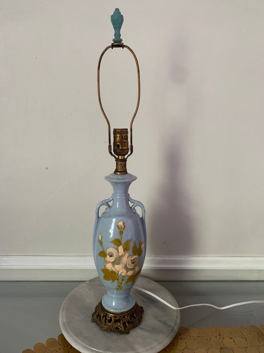 Vintage Medium Blue Pedestal Hand Painted Ceramic Lamp No Shade