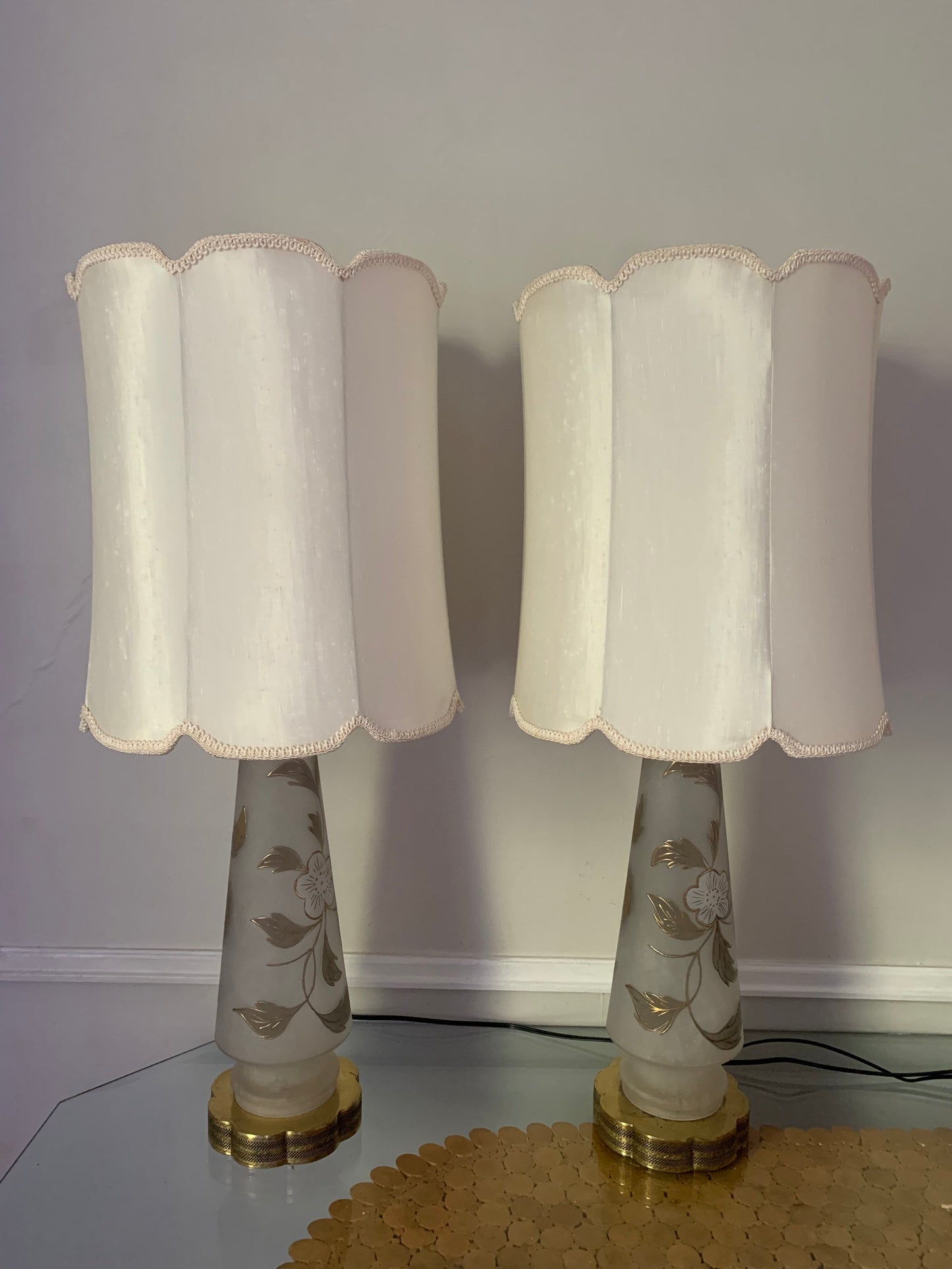 Pair of Tall Vintage Frosted Glass Table Lamps with Painted Flowers