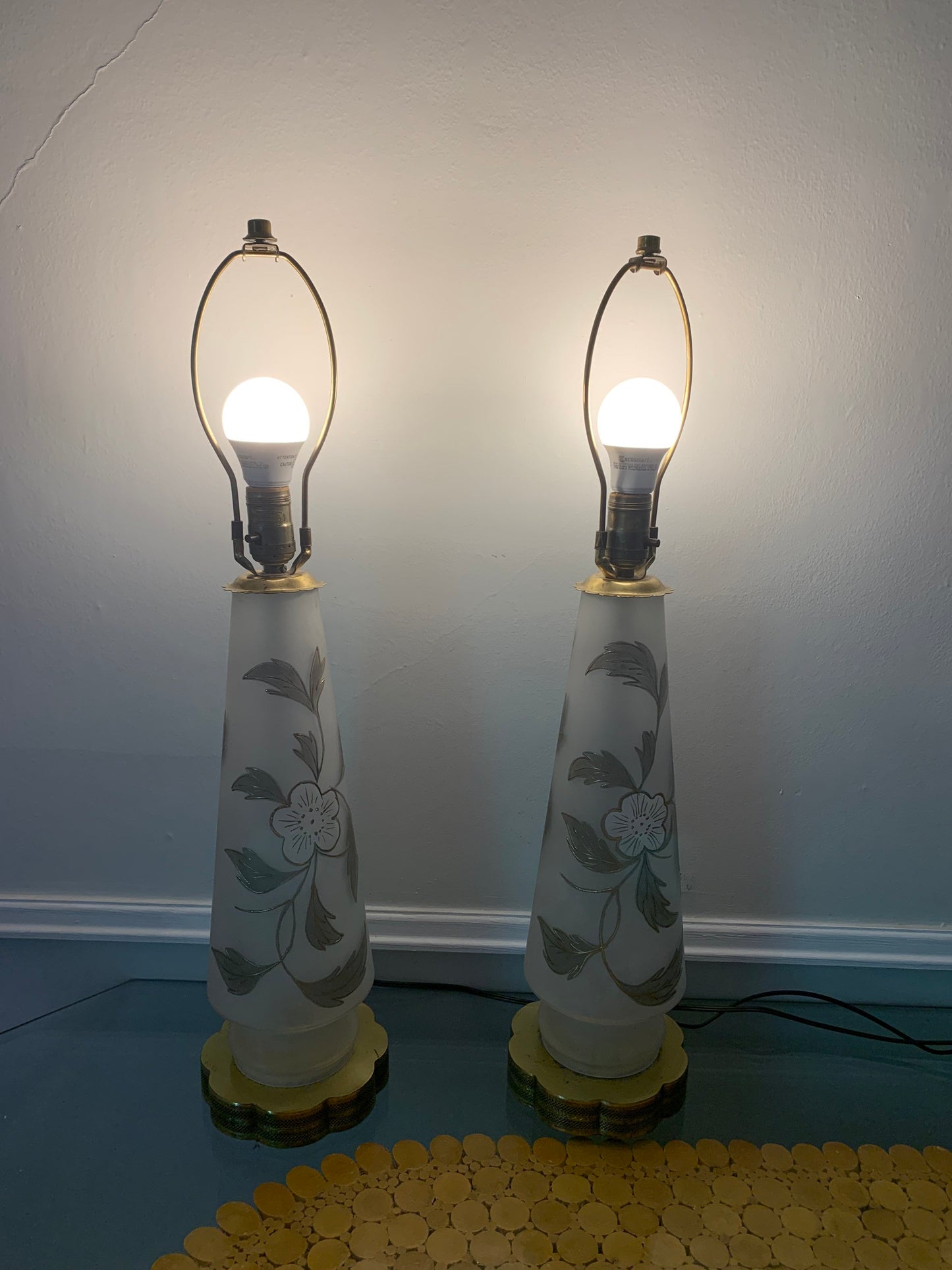 Pair of Tall Vintage Frosted Glass Table Lamps with Painted Flowers