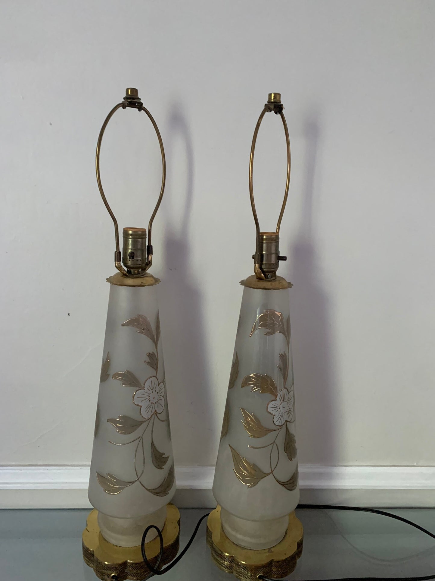 Pair of Tall Vintage Frosted Glass Table Lamps with Painted Flowers