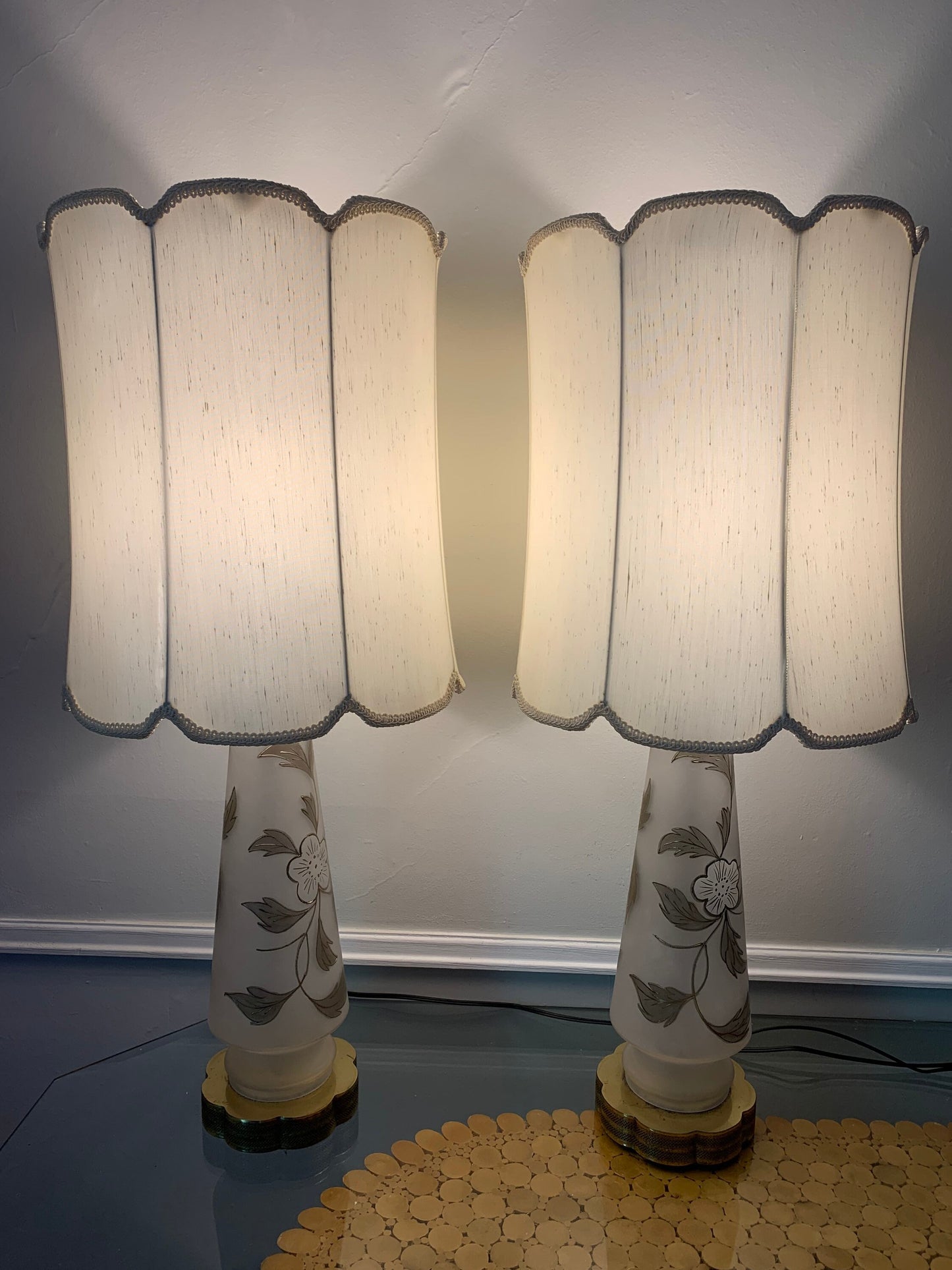 Pair of Tall Vintage Frosted Glass Table Lamps with Painted Flowers