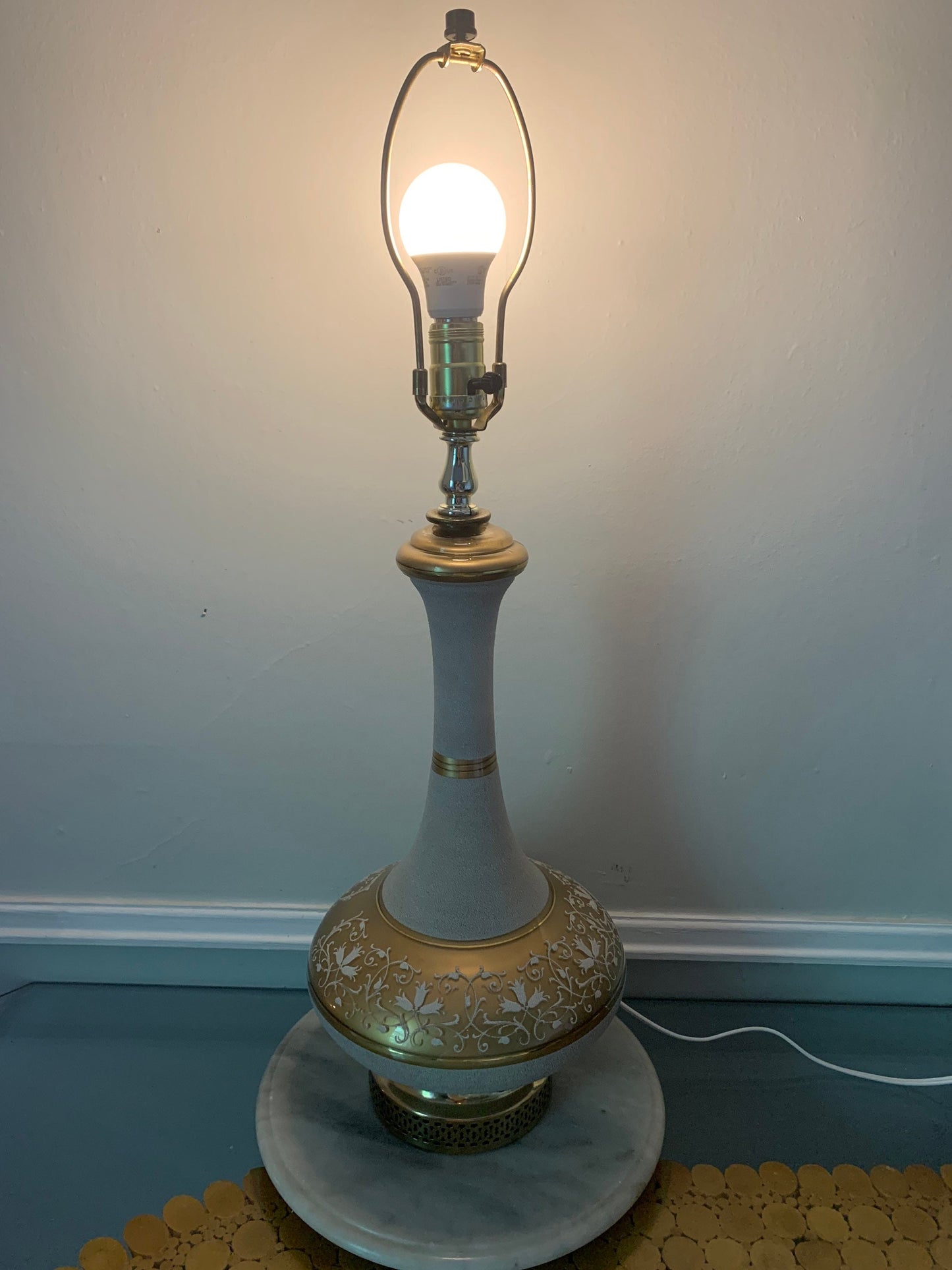 Tall MCM White & Gold Glass Lamp with Brass Base No Shade Made in France