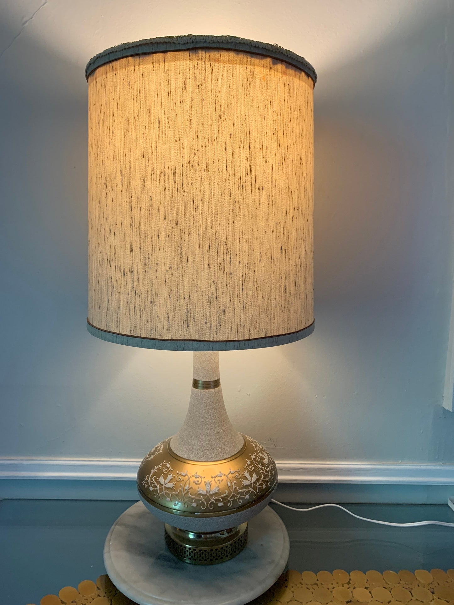 Tall MCM White & Gold Glass Lamp with Brass Base No Shade Made in France