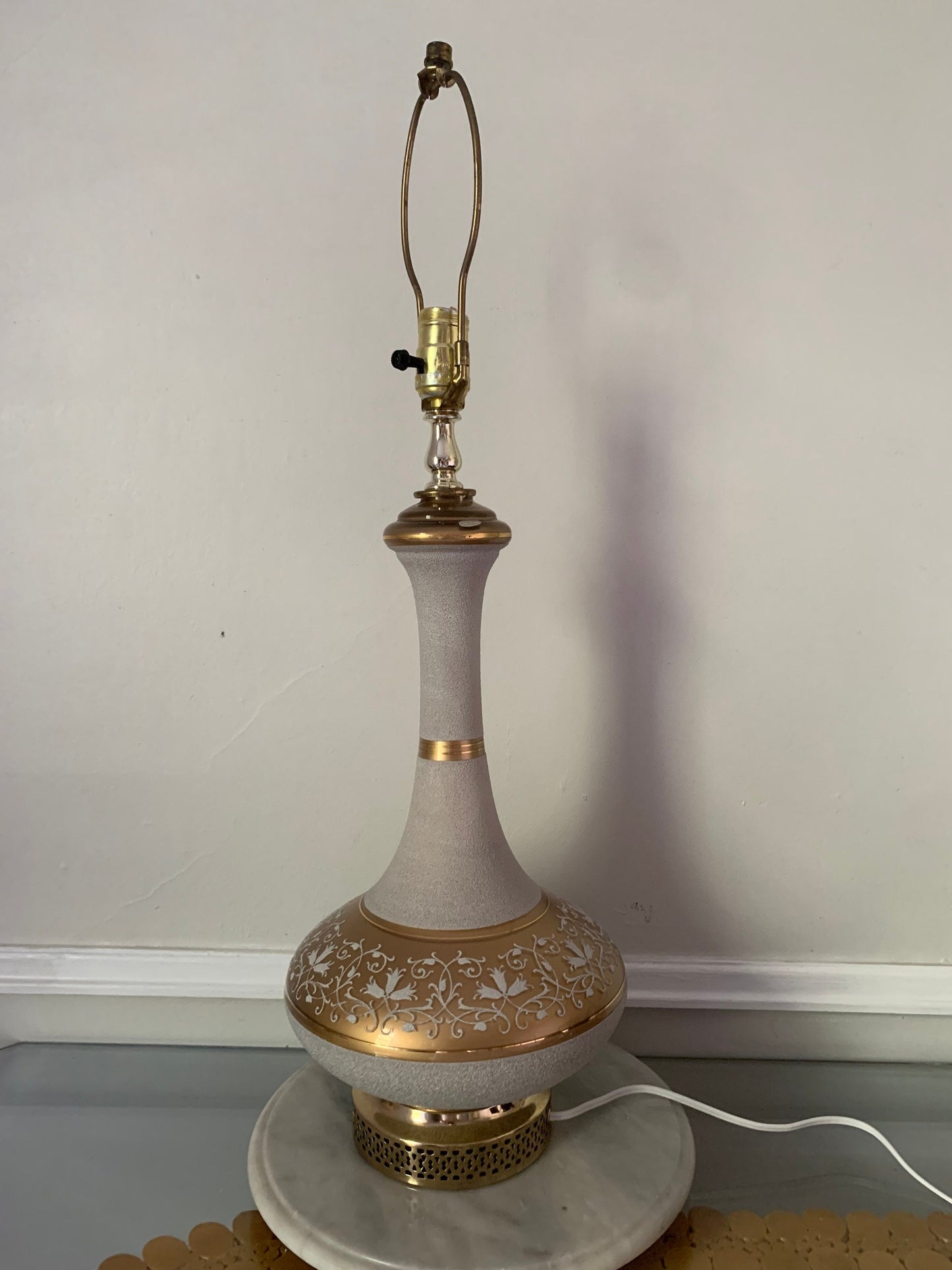 Tall MCM White & Gold Glass Lamp with Brass Base No Shade Made in France