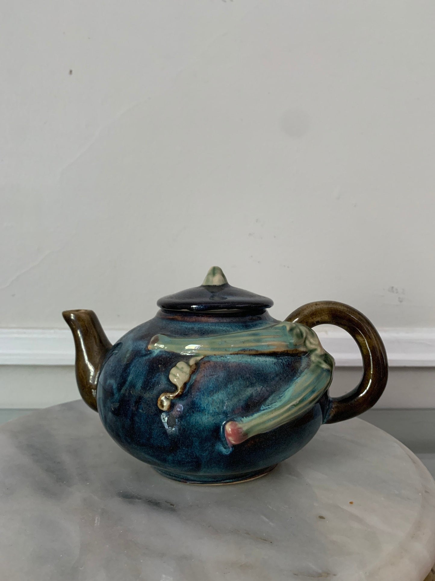 Small Blue Vintage Hand Painted Pottery Teapot