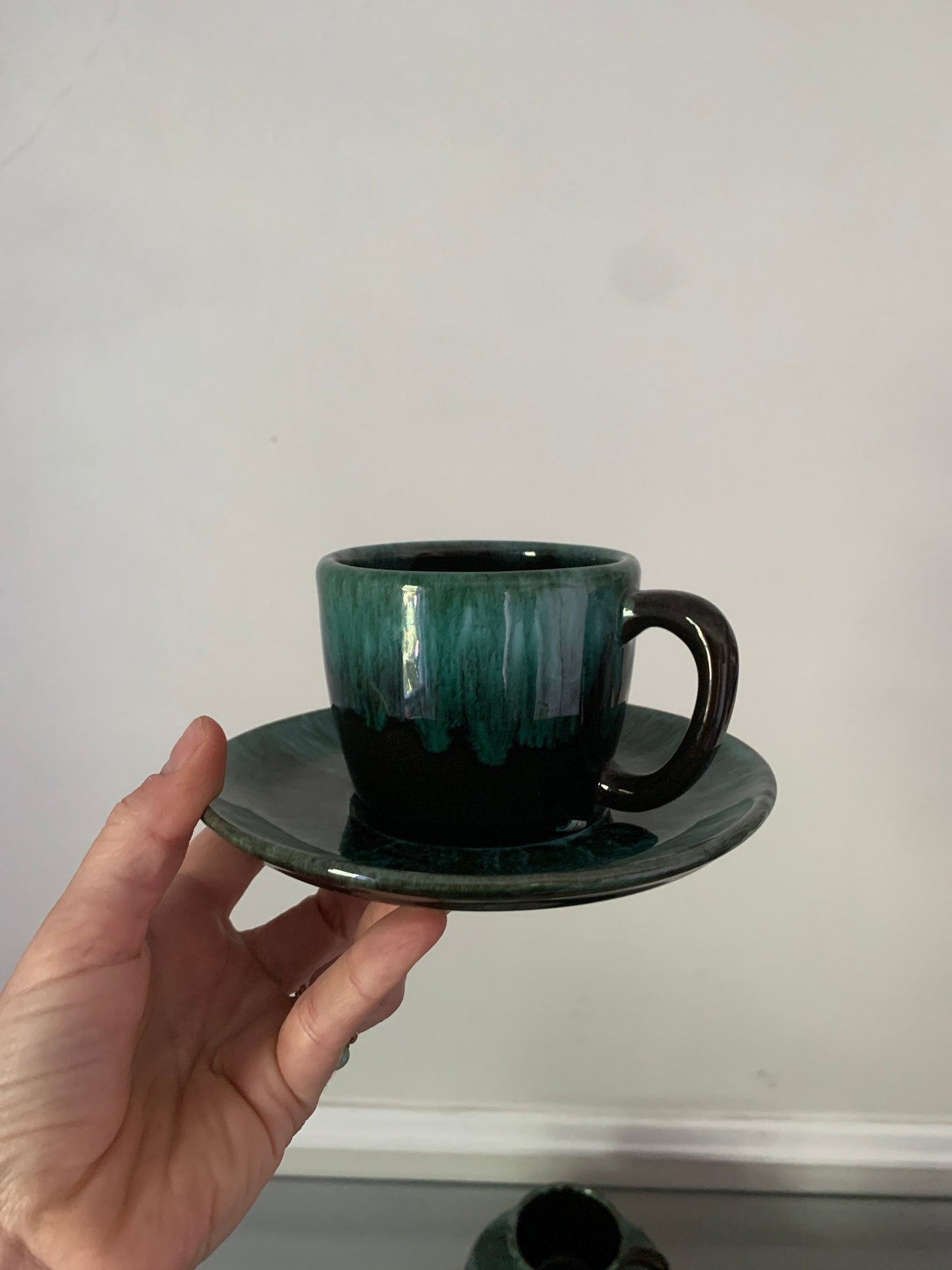 Set of 4 MCM Green Drip Glaze Pottery Mugs & Saucers