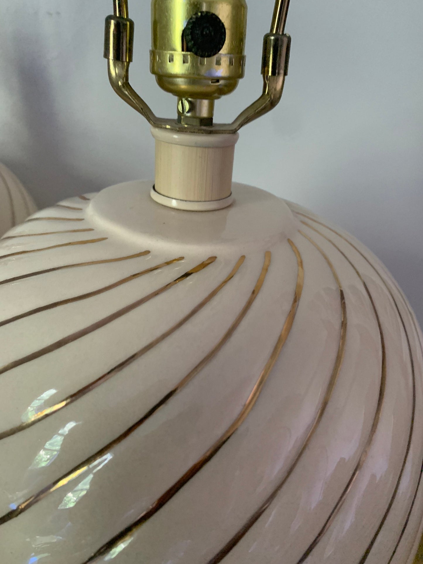 Pair of Retro Large Cream and Gold Striped Ceramic Lamp No Shades