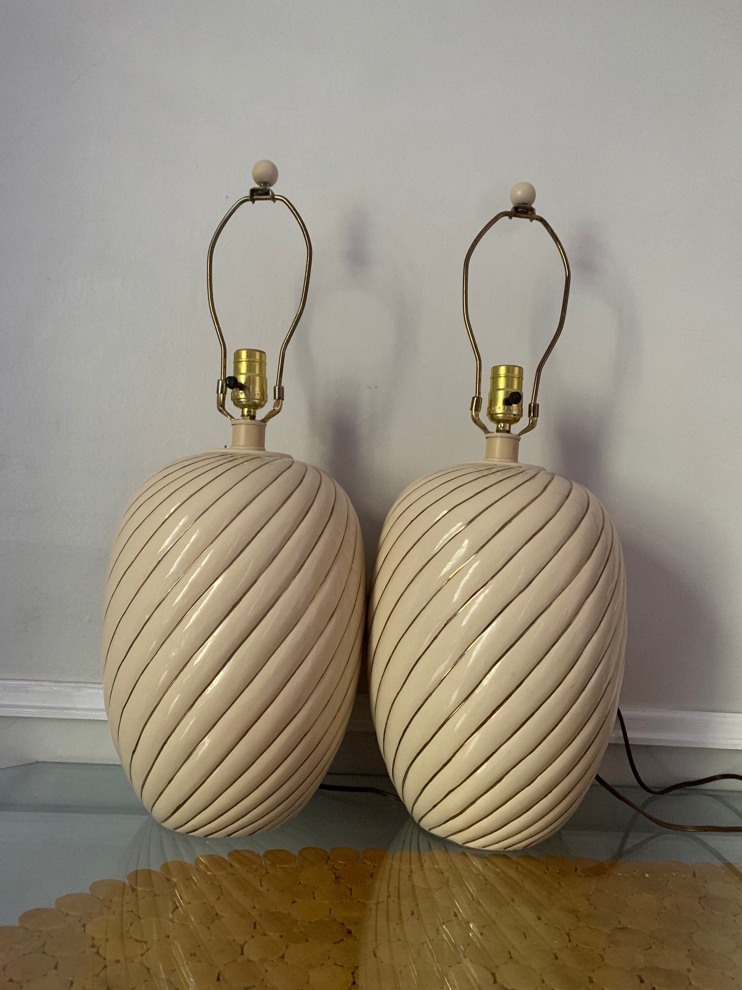 Pair of Retro Large Cream and Gold Striped Ceramic Lamp No Shades