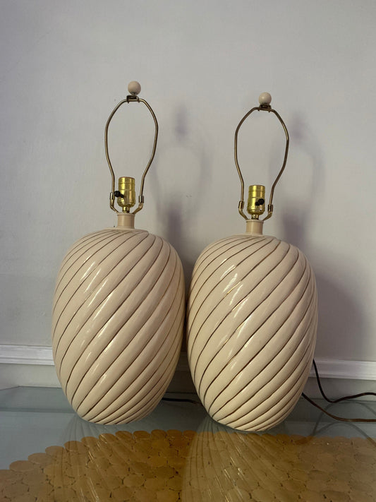 Pair of Retro Large Cream and Gold Striped Ceramic Lamp No Shades