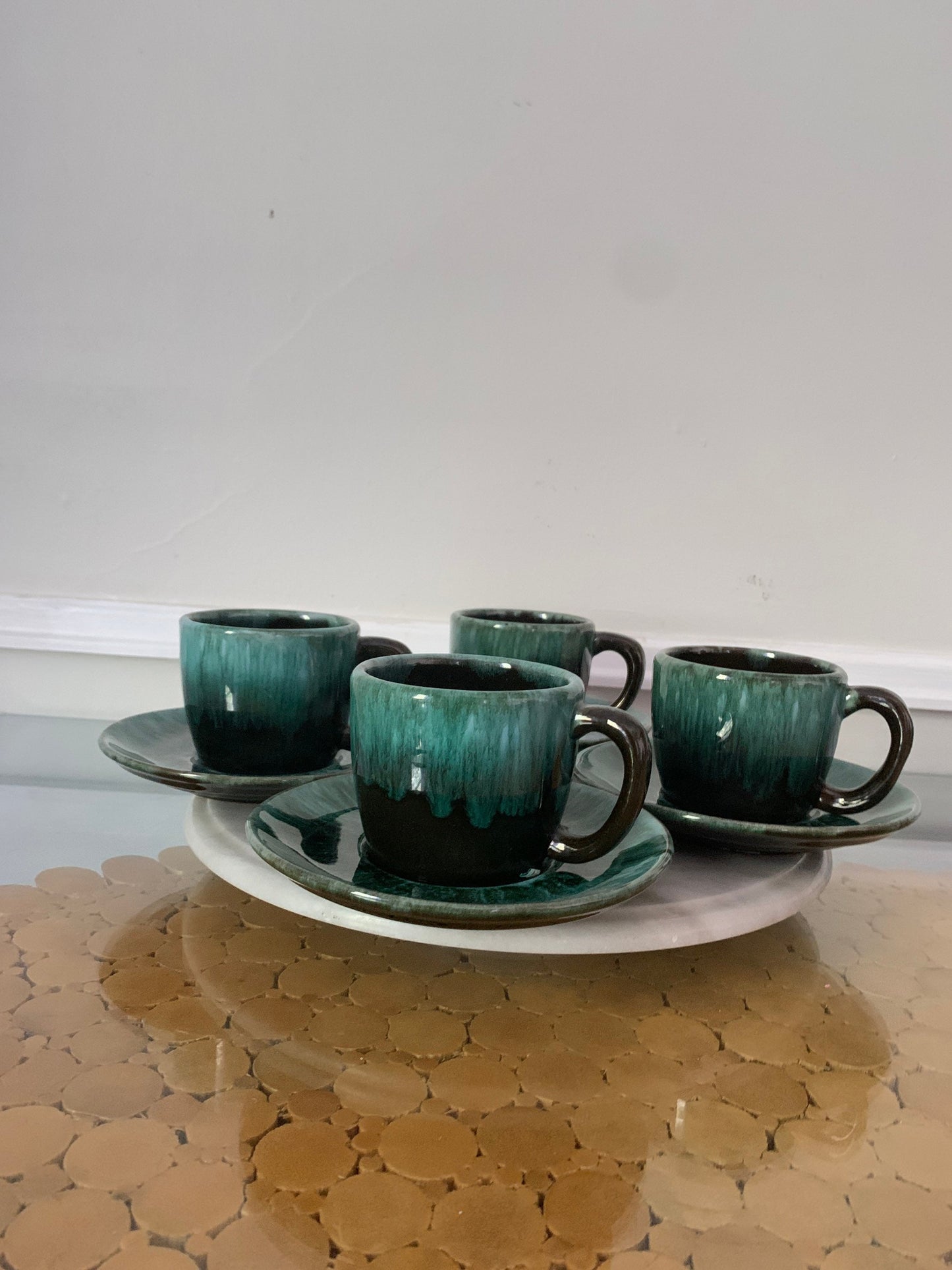 Set of 4 MCM Green Drip Glaze Pottery Mugs & Saucers