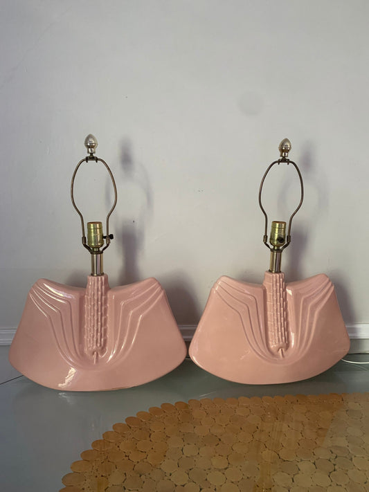 Pair of Retro Wide Art Deco Inspired Pink Ceramic Lamps No Shades