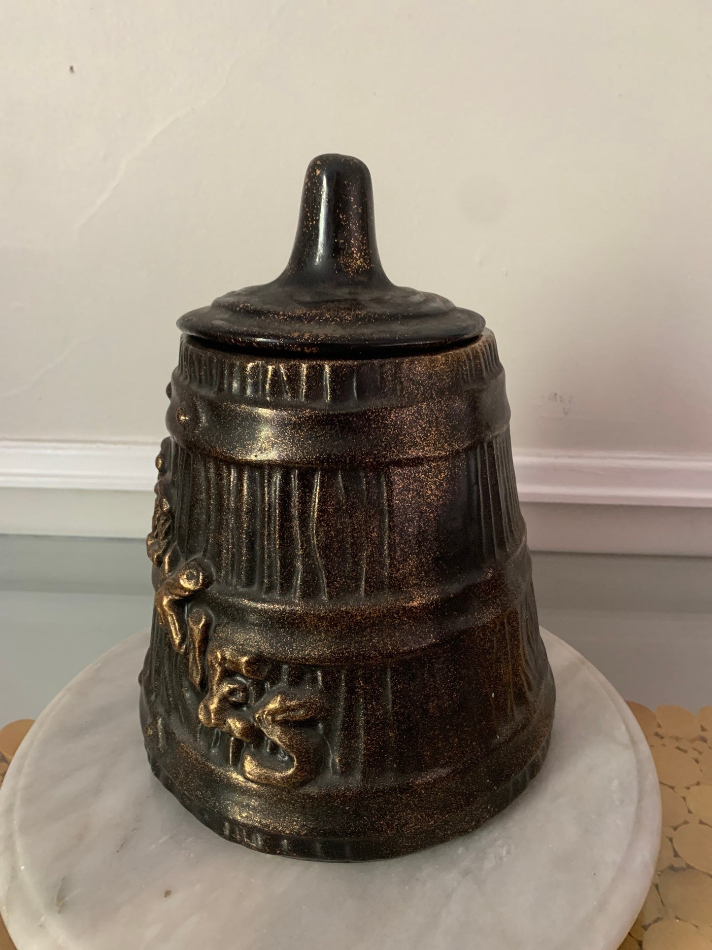 Large Vintage Ceramic Faux Wood Cookie Jar with Gold Finish