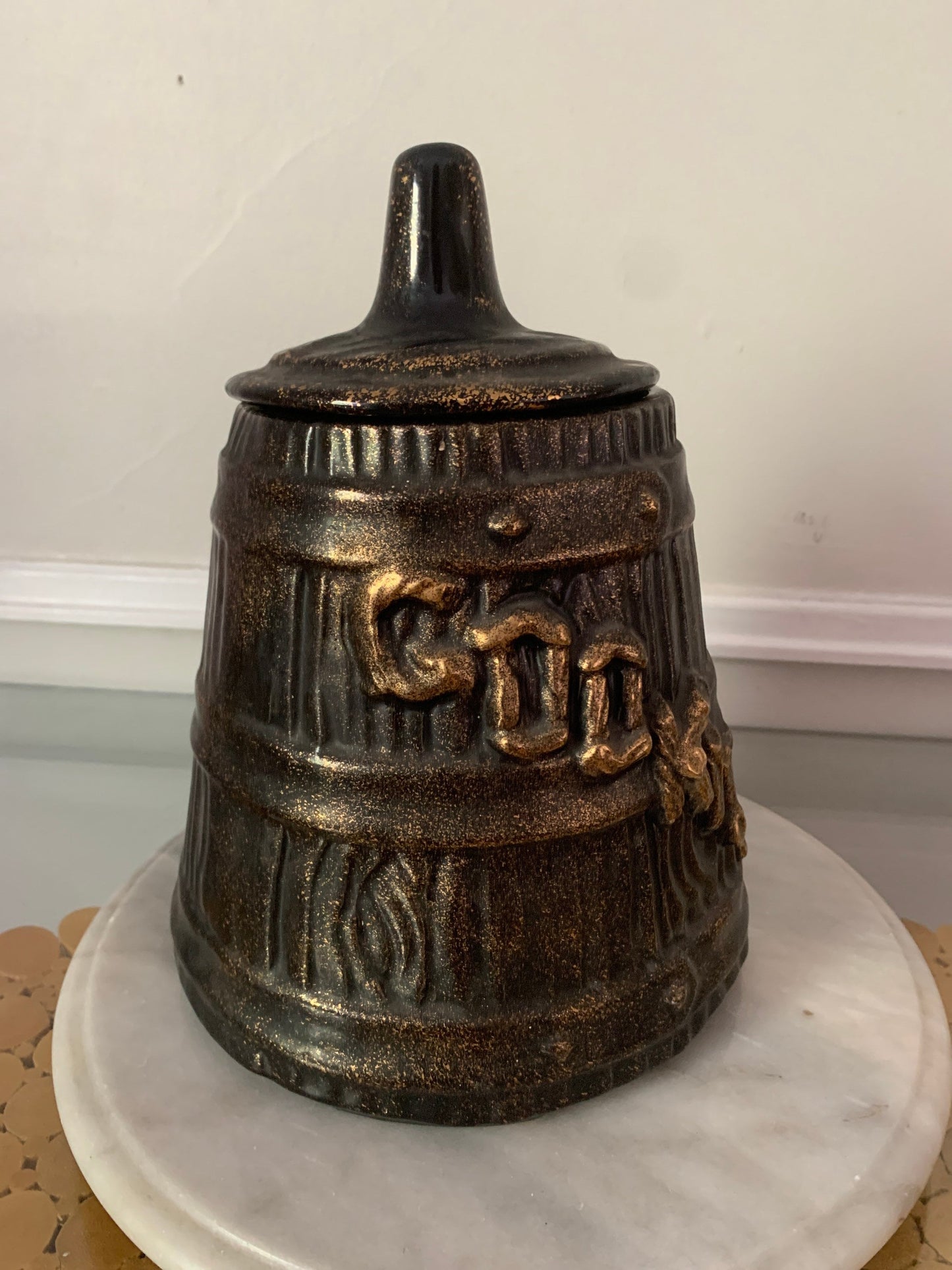 Large Vintage Ceramic Faux Wood Cookie Jar with Gold Finish