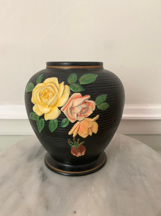 Vintage Art Deco Hand Painted Brentleigh Ware Black Ribbed Rose Flower Planter Made in England