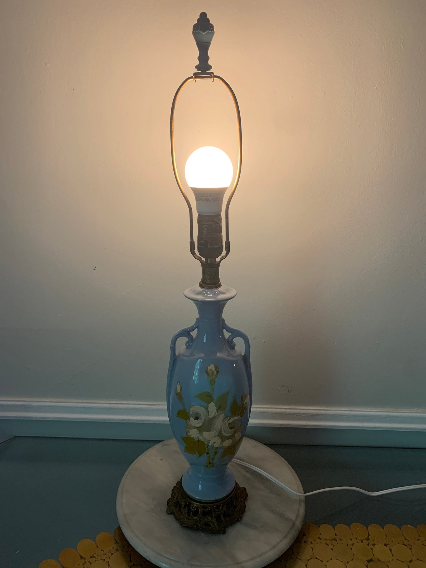 Vintage Medium Blue Pedestal Hand Painted Ceramic Lamp No Shade