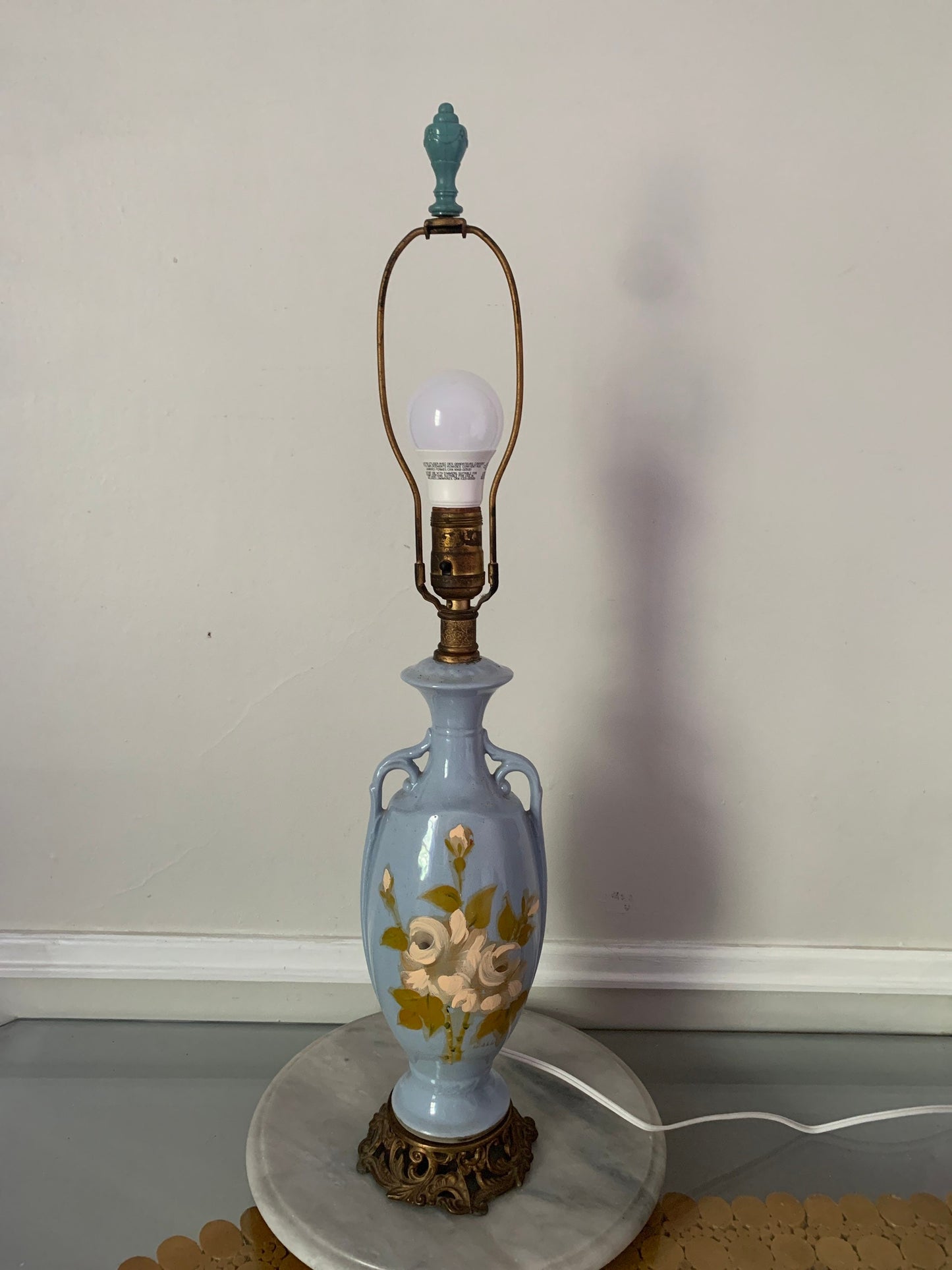 Vintage Medium Blue Pedestal Hand Painted Ceramic Lamp No Shade