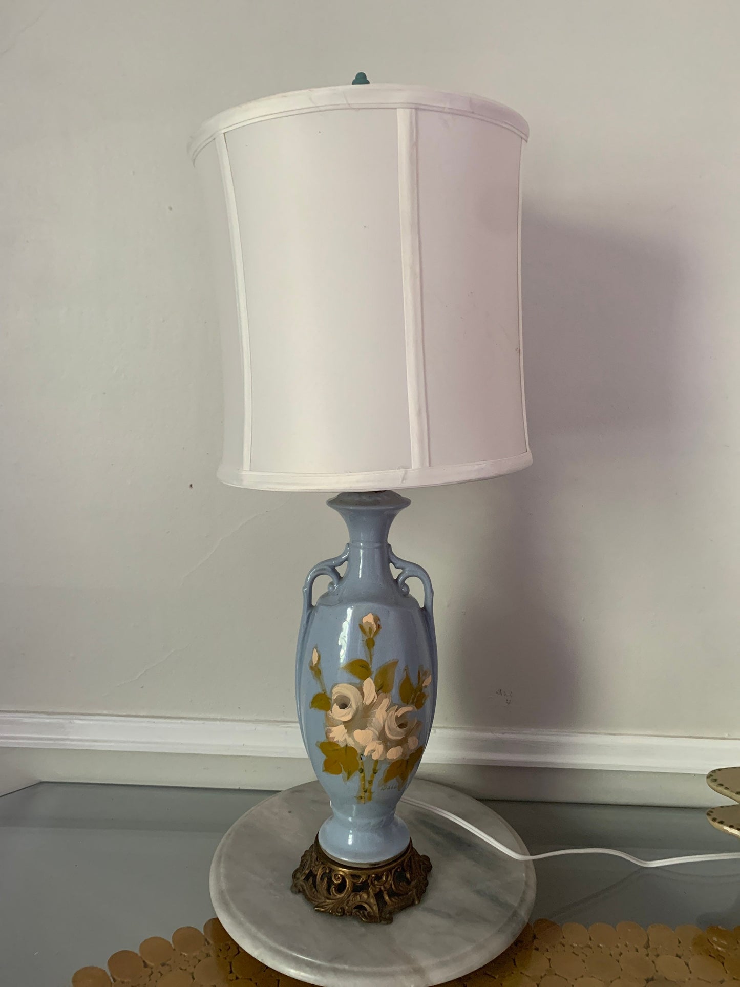 Vintage Medium Blue Pedestal Hand Painted Ceramic Lamp No Shade