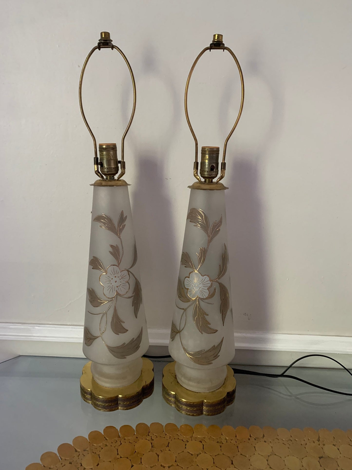 Pair of Tall Vintage Frosted Glass Table Lamps with Painted Flowers