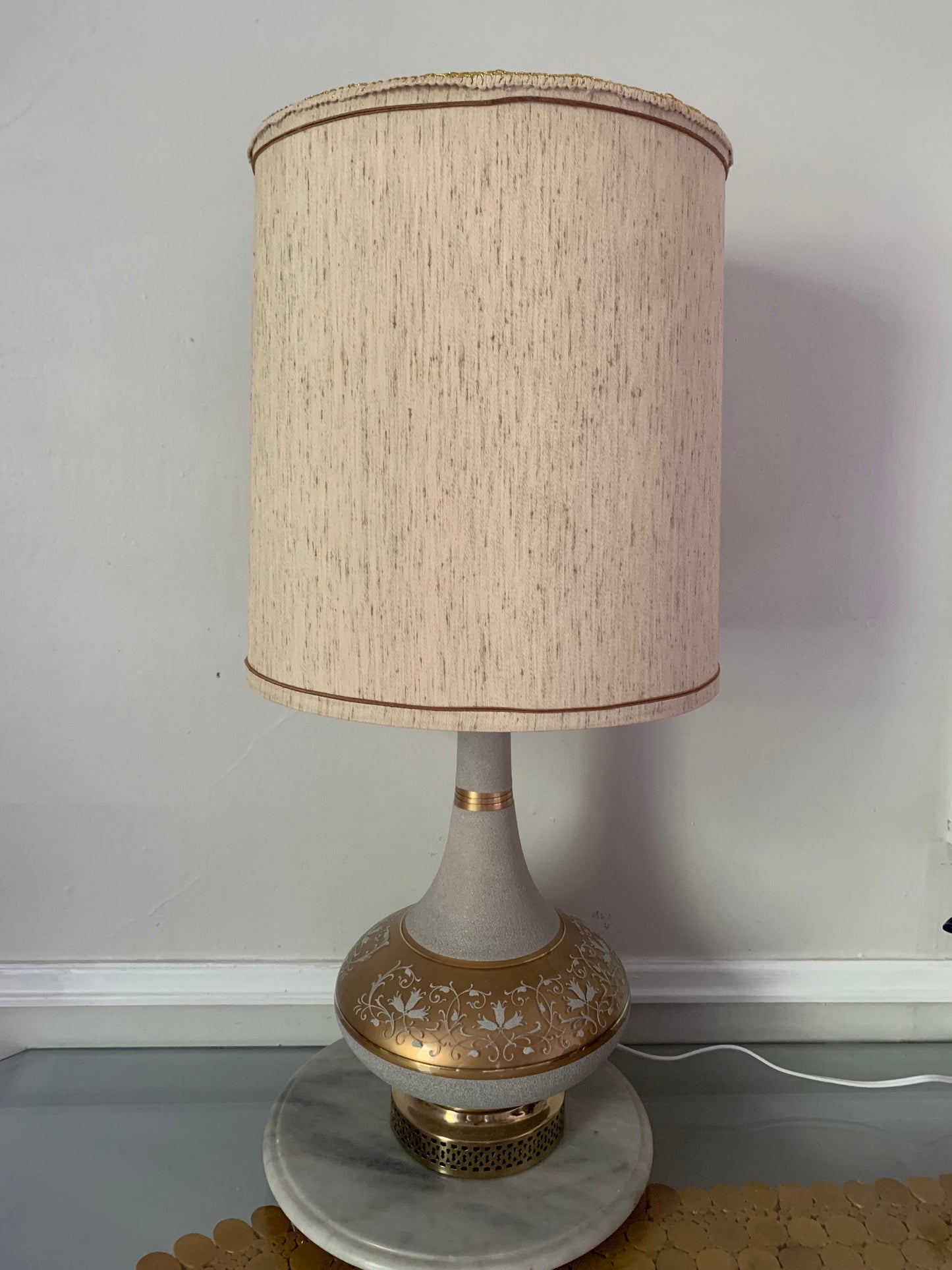 Tall MCM White & Gold Glass Lamp with Brass Base No Shade Made in France