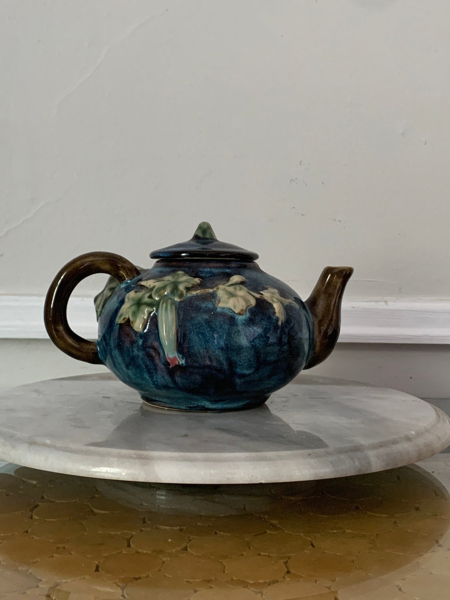 Small Blue Vintage Hand Painted Pottery Teapot