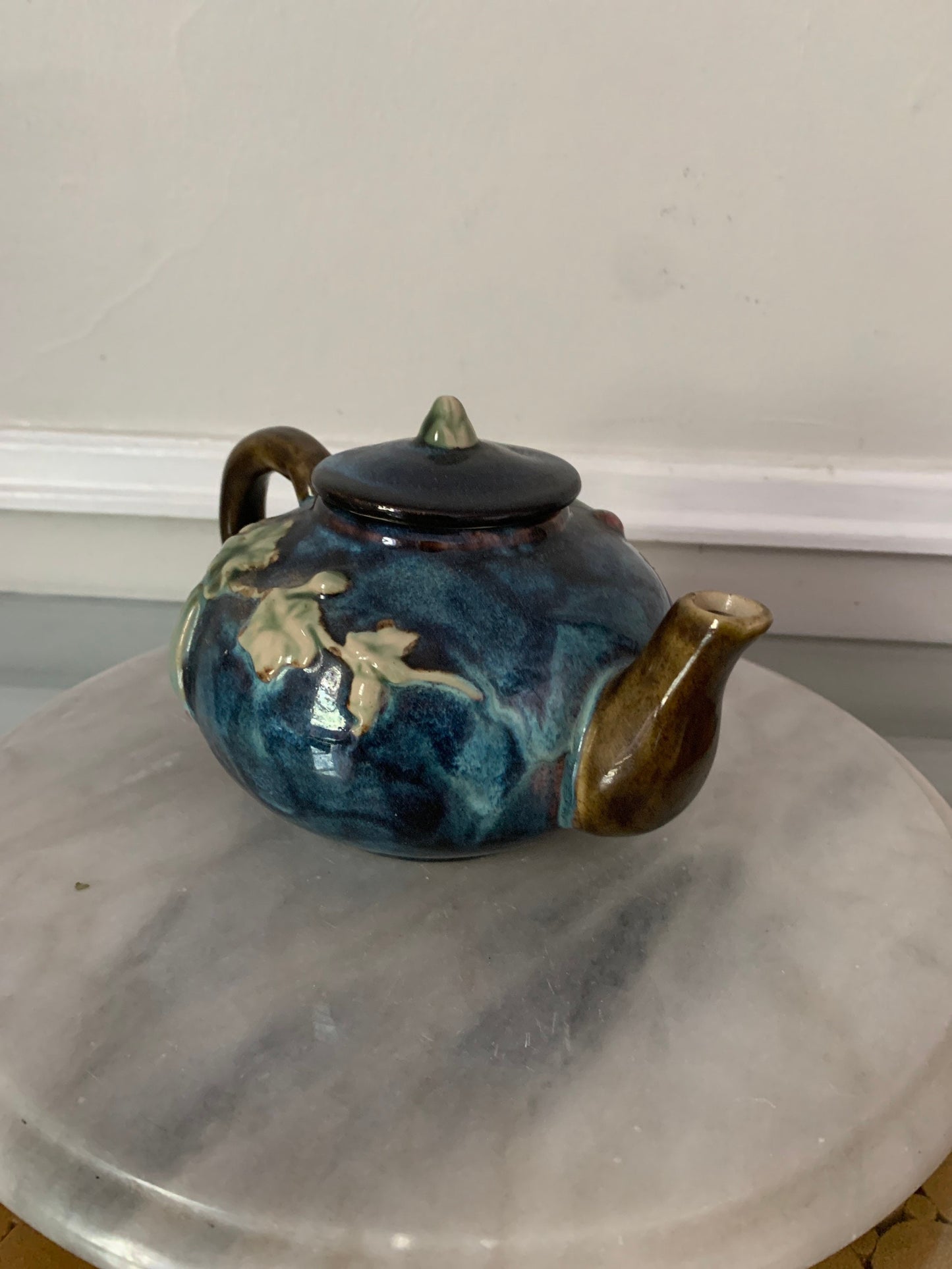 Small Blue Vintage Hand Painted Pottery Teapot