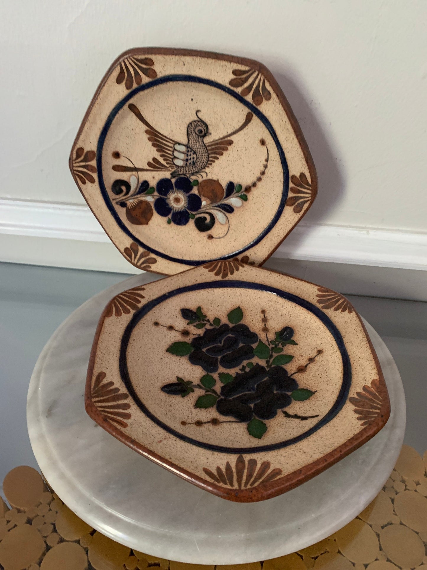 Pair of Retro Tonala Pottery of Mexico Bird Design Wall Plaques