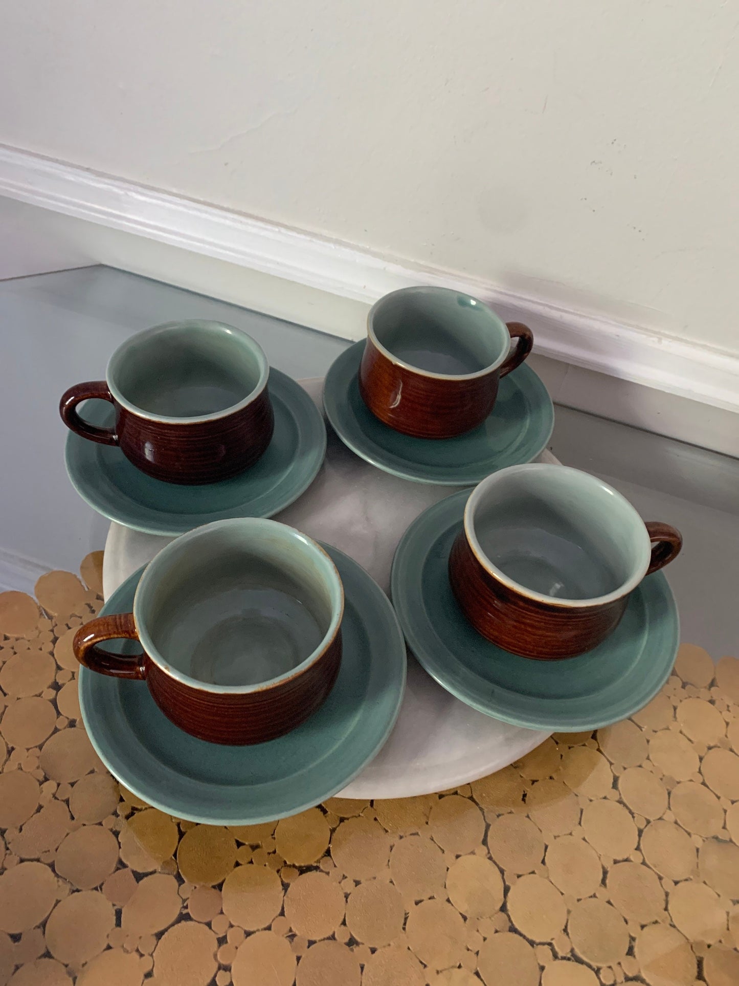 Retro Set of 4 Brown & Robins Egg Blue Cup and Saucer Set