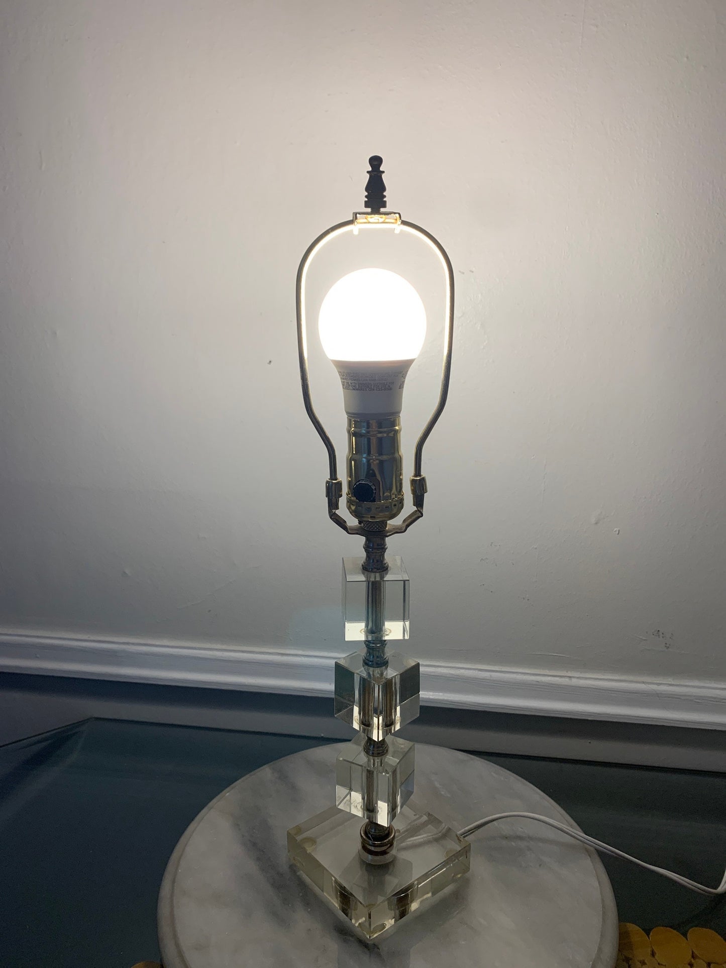 Vintage Small Clear Glass Cube Accent Table Lamp No Shade