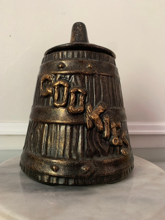 Large Vintage Ceramic Faux Wood Cookie Jar with Gold Finish