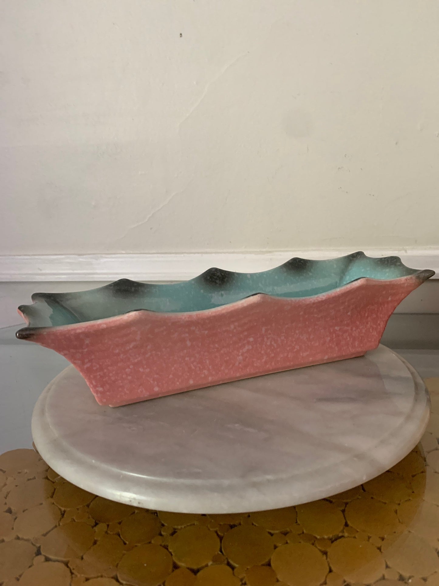 Vintage Long Pink & Green Pottery Dish