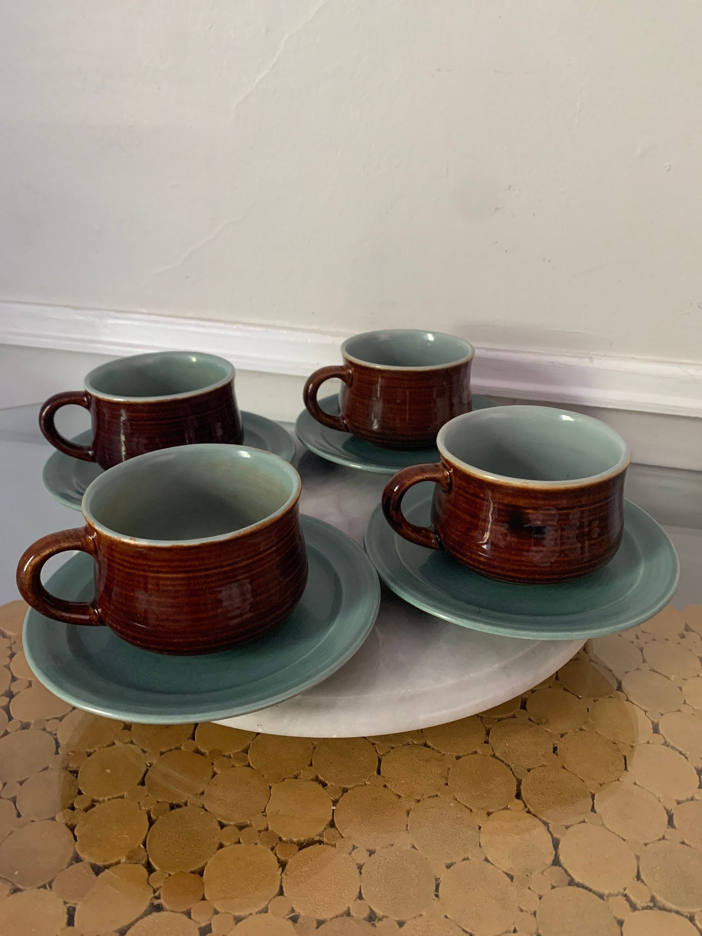 Retro Set of 4 Brown & Robins Egg Blue Cup and Saucer Set