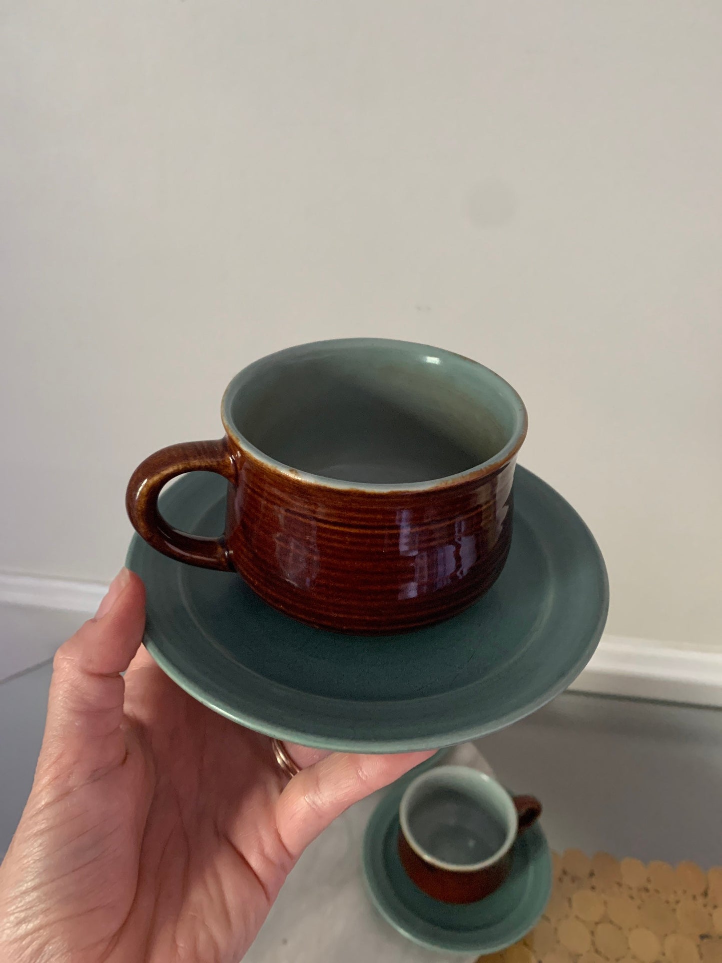 Retro Set of 4 Brown & Robins Egg Blue Cup and Saucer Set