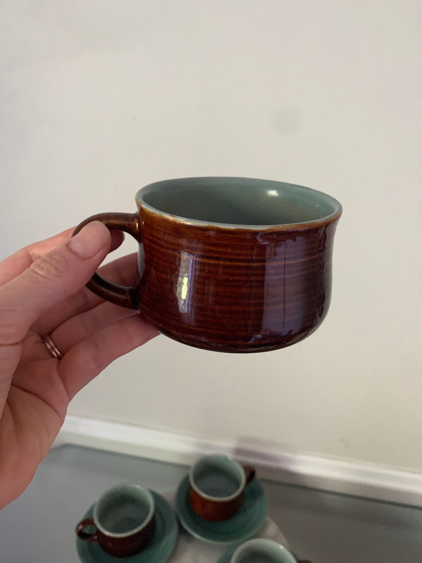 Retro Set of 4 Brown & Robins Egg Blue Cup and Saucer Set