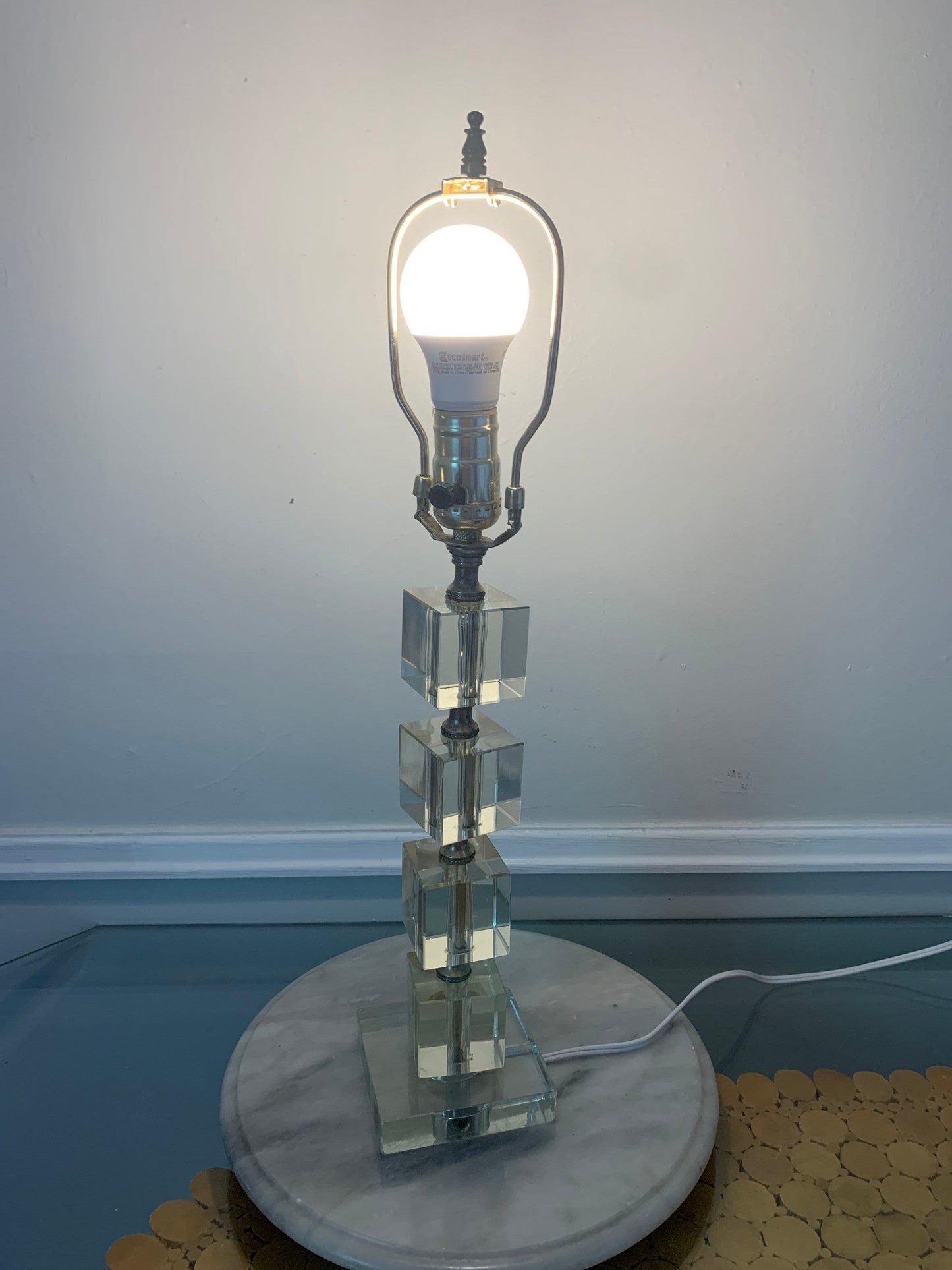 Vintage Medium Clear Glass Cube Accent Table Lamp No Shade