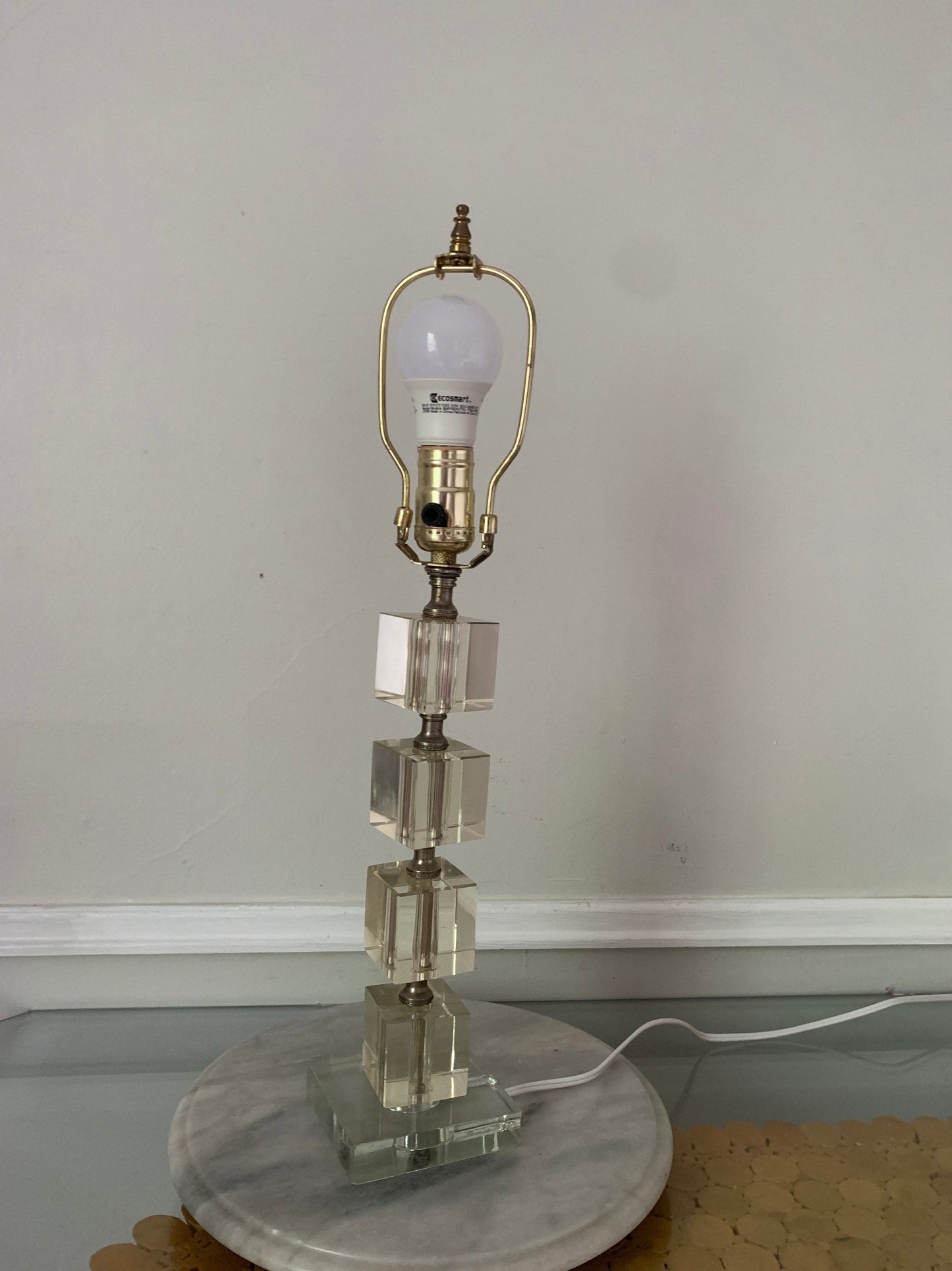 Vintage Medium Clear Glass Cube Accent Table Lamp No Shade