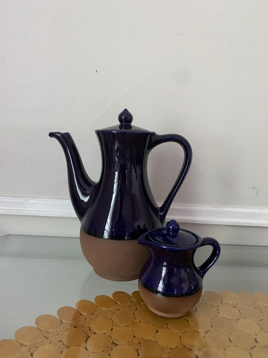 MCM Tall Cobalt Blue St Joseph Beauceware Pottery Coffee Pot & Creamer Made in Canada