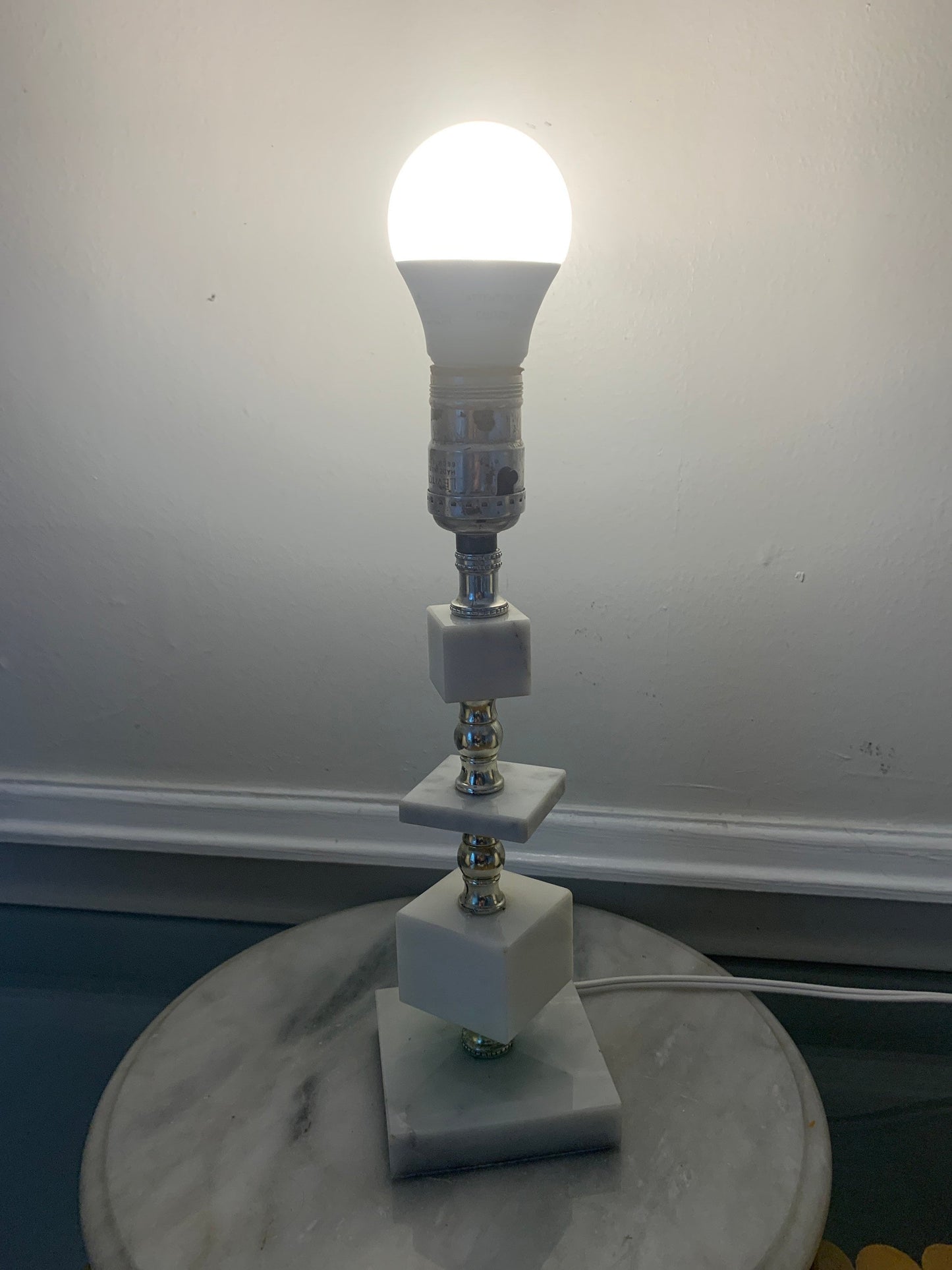 Vintage Small Marble Cube Accent Table Lamp No Shade