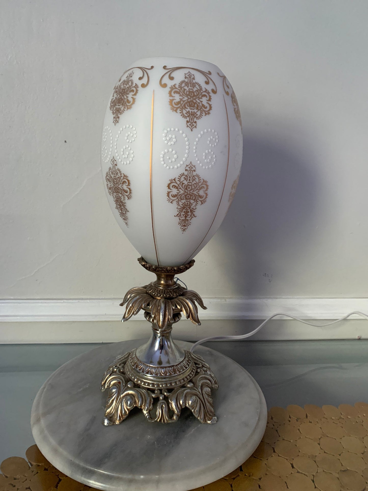 MCM Gold Tone Metal Lamp with a White Frosted Glass Shade