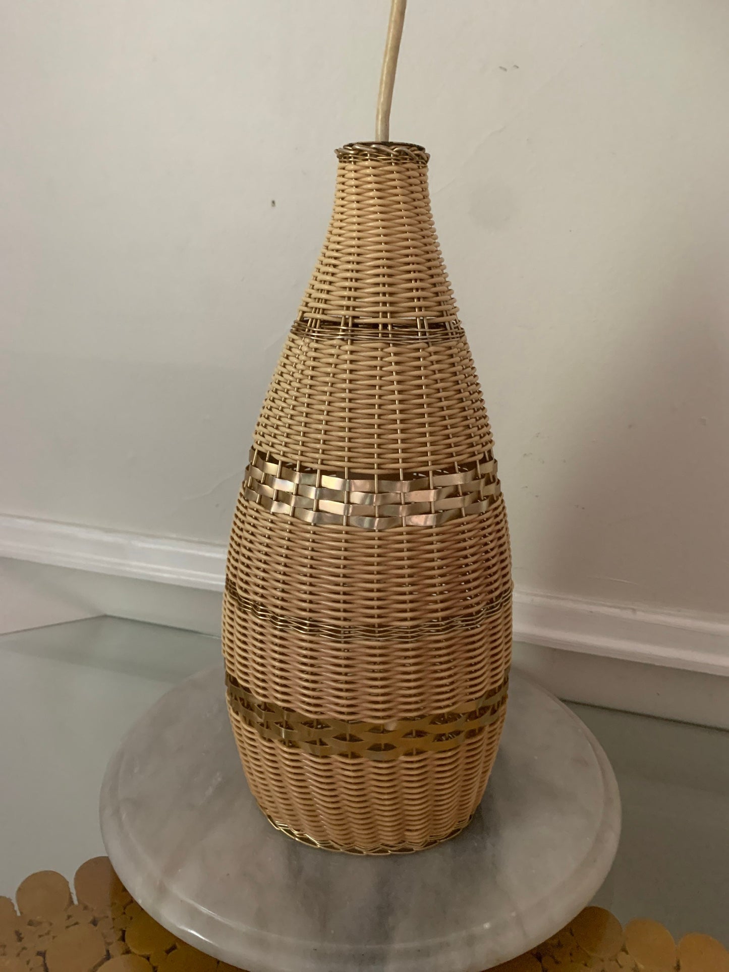 MCM Cream Woven Ceiling Lamp with Soft Gold Metal