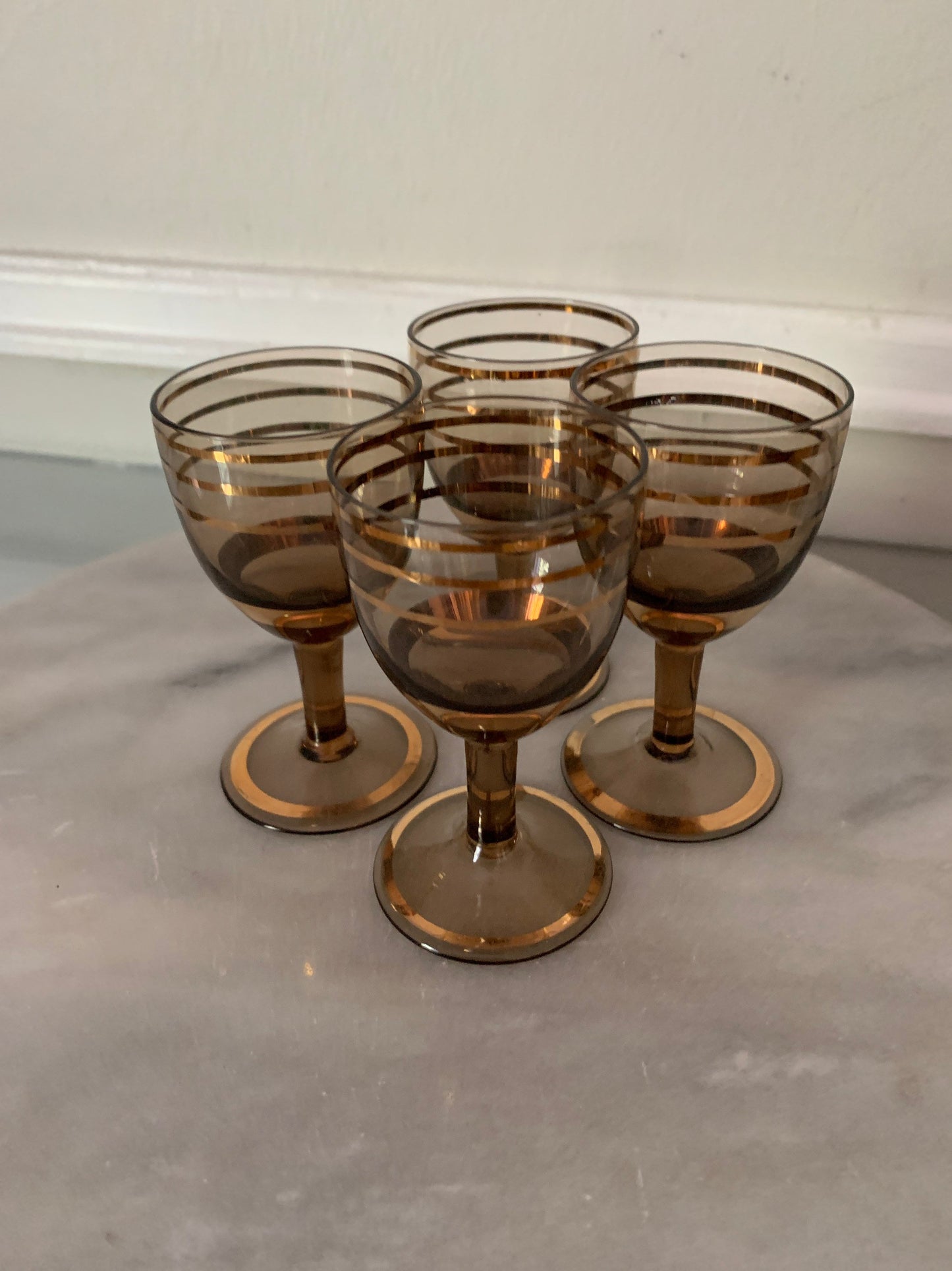 Set of 5  MCM Smokey Brown and Gold Stripe Decanter and Liqueur Glasses