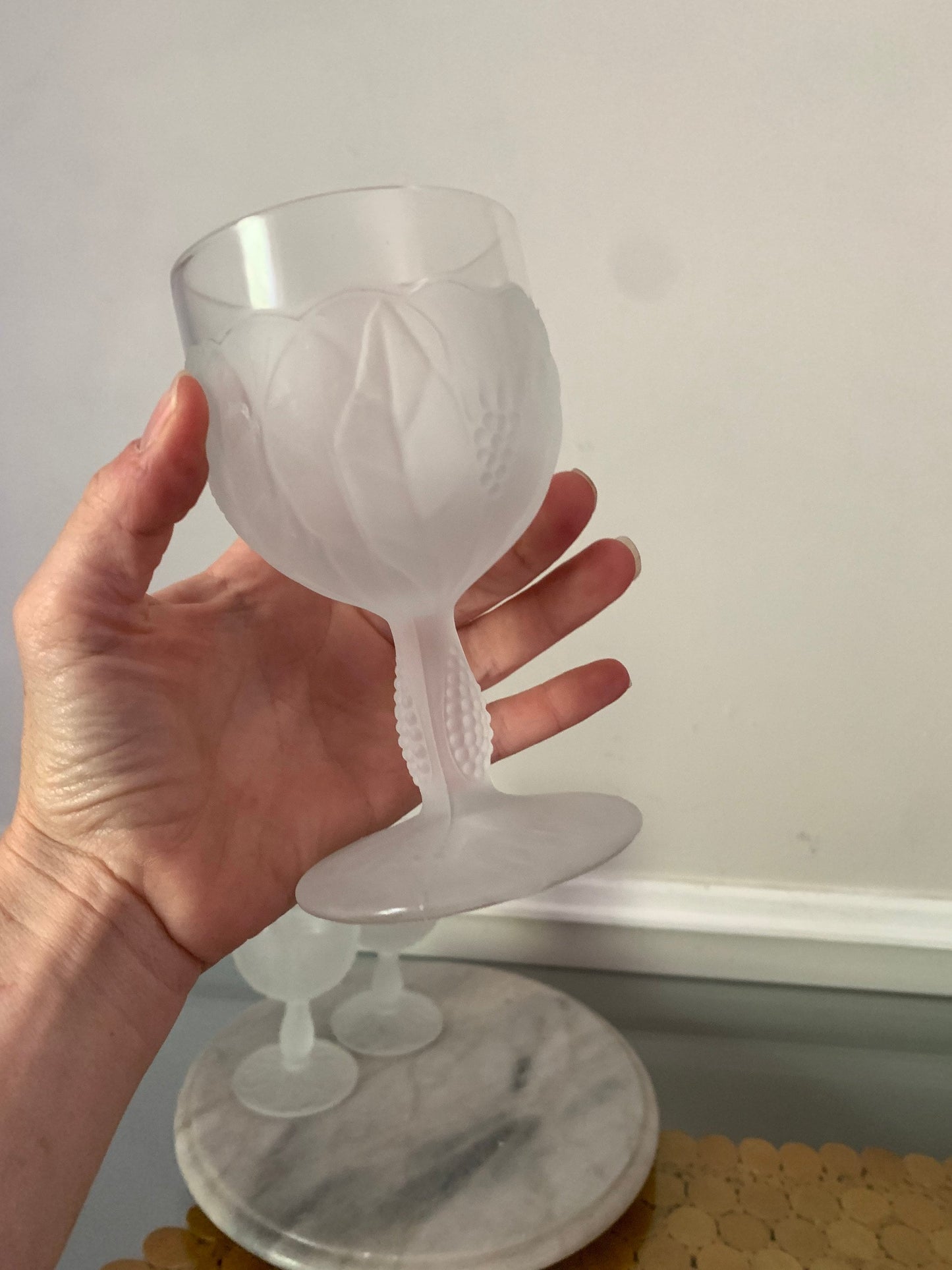 Set of 4 Vintage Clear Frosted Taitu Floral Small Goblets Italy
