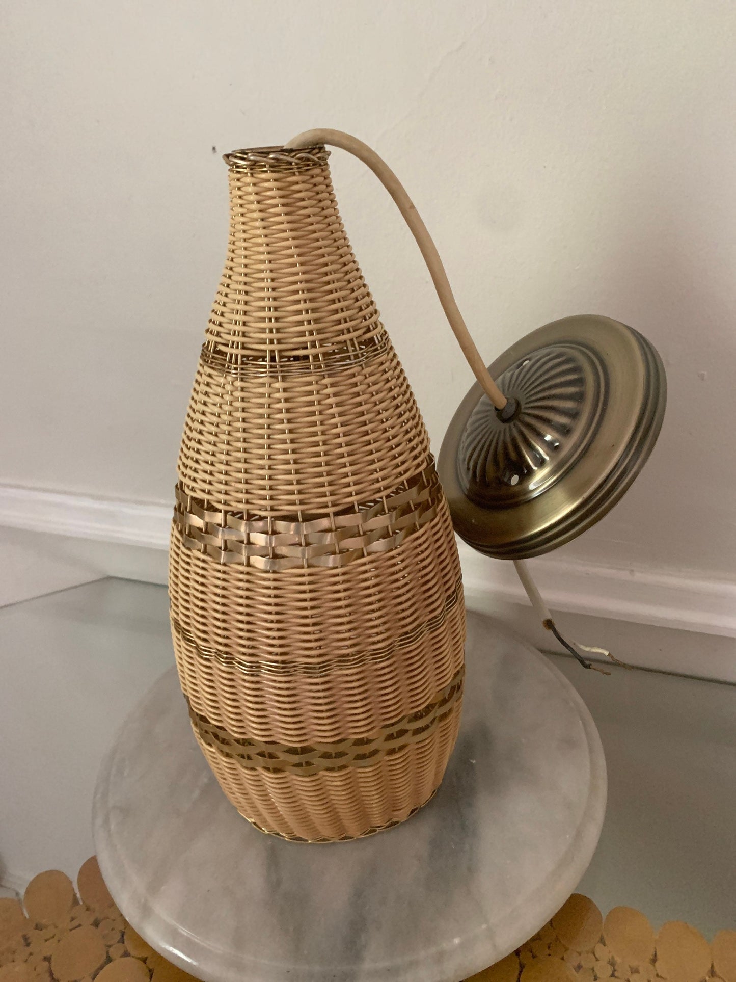 MCM Cream Woven Ceiling Lamp with Soft Gold Metal