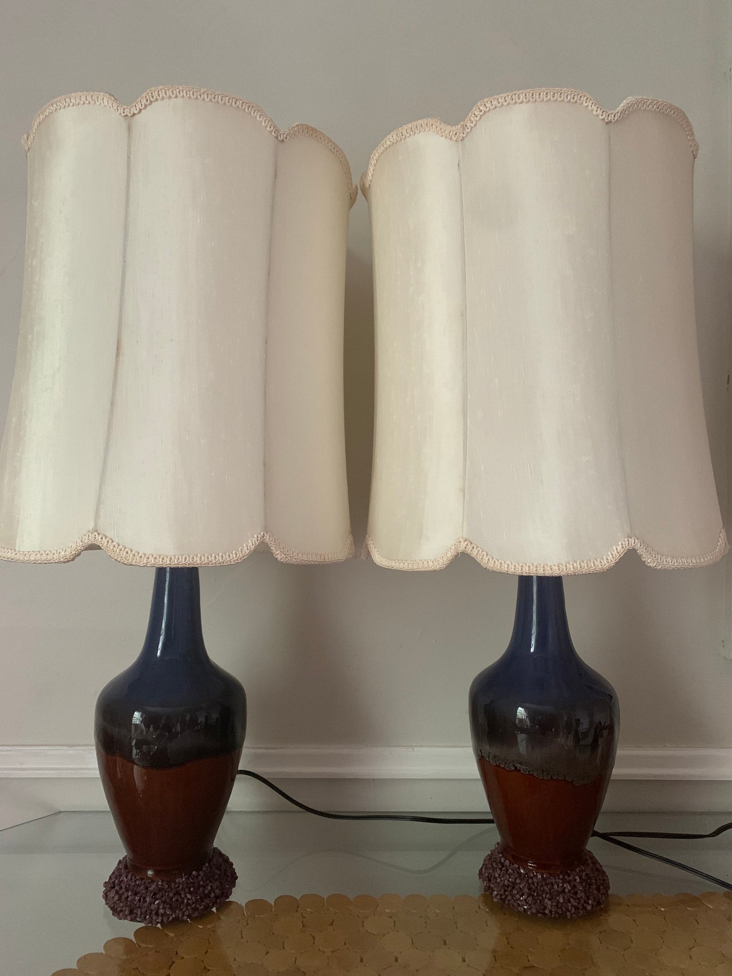 Pair of MCM Purple & Brown Drip Glaze Lamps No Shades