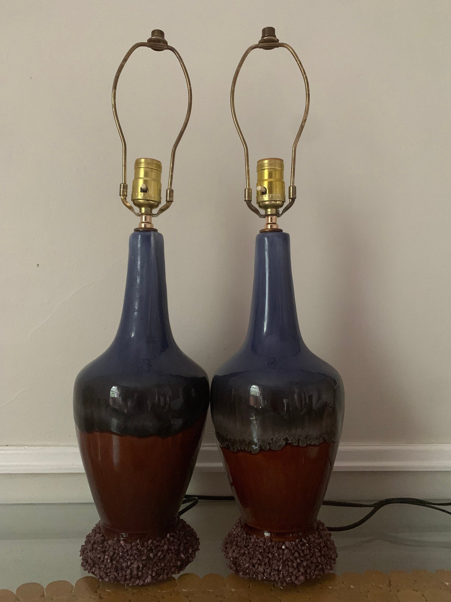 Pair of MCM Purple & Brown Drip Glaze Lamps No Shades