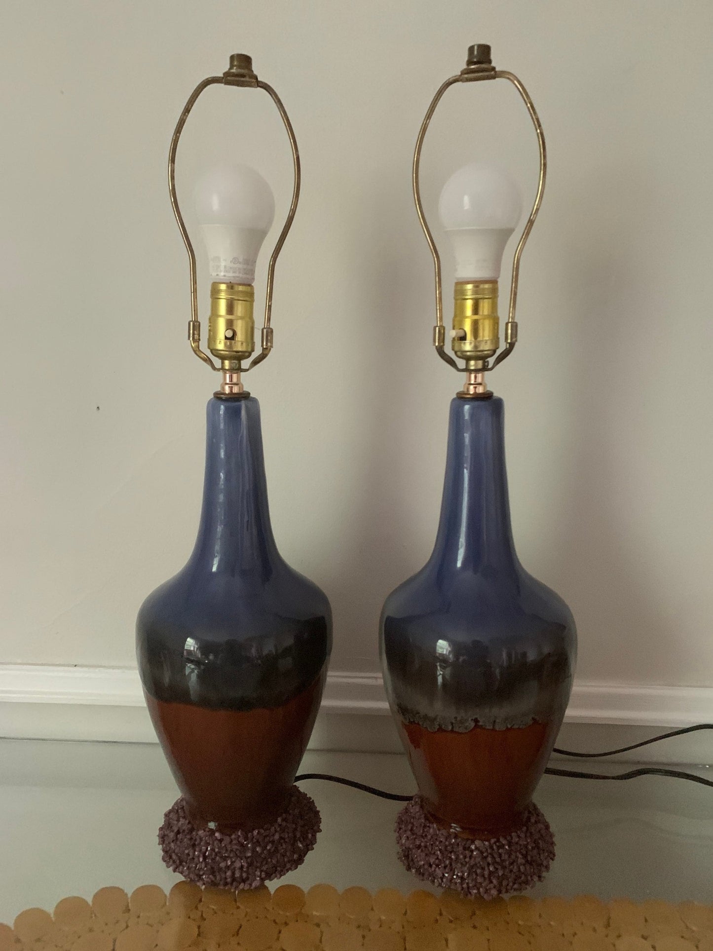 Pair of MCM Purple & Brown Drip Glaze Lamps No Shades