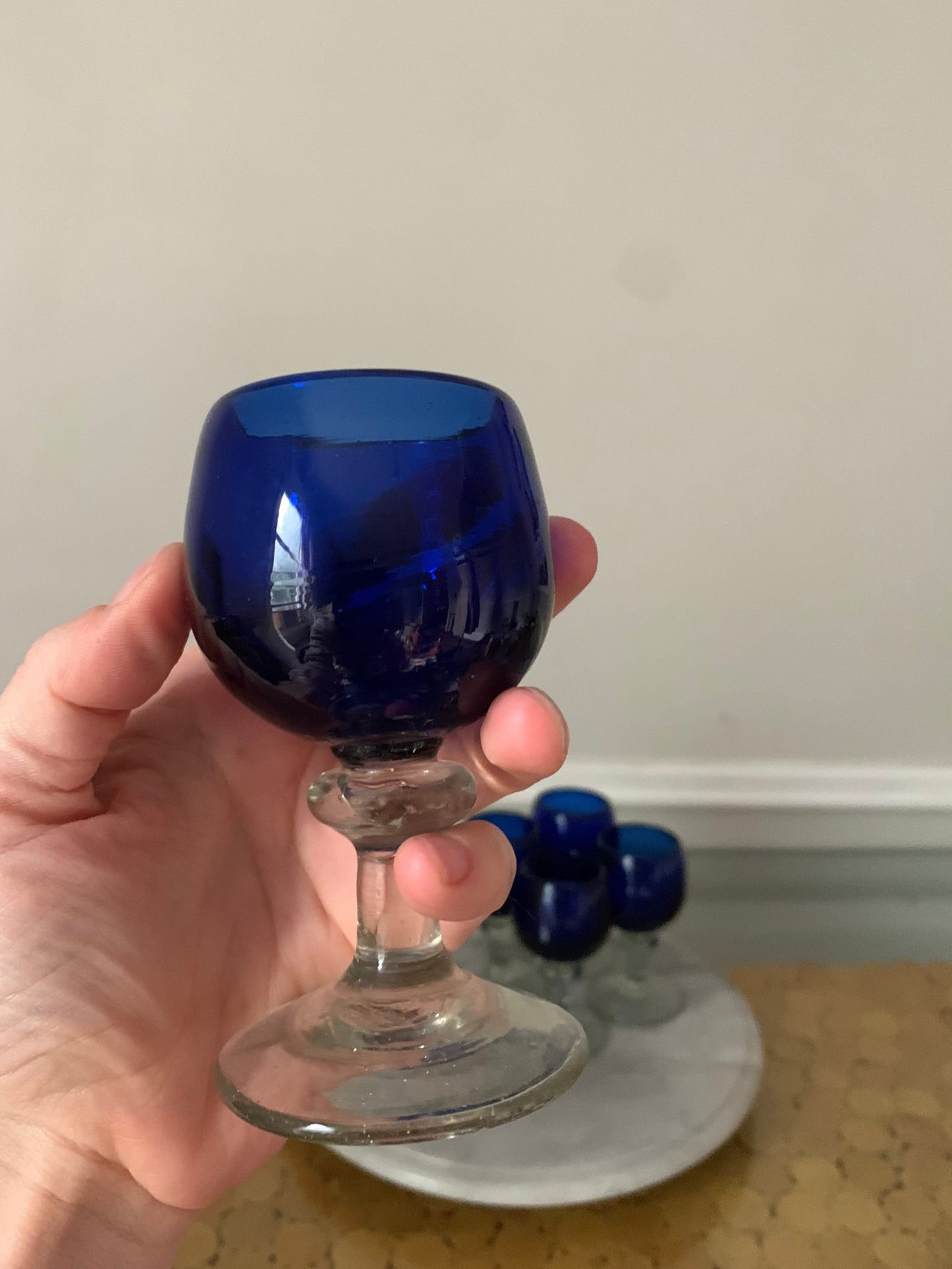 Set of 6 Small Retro Mexican Cobalt Blue Aperitif Glasses