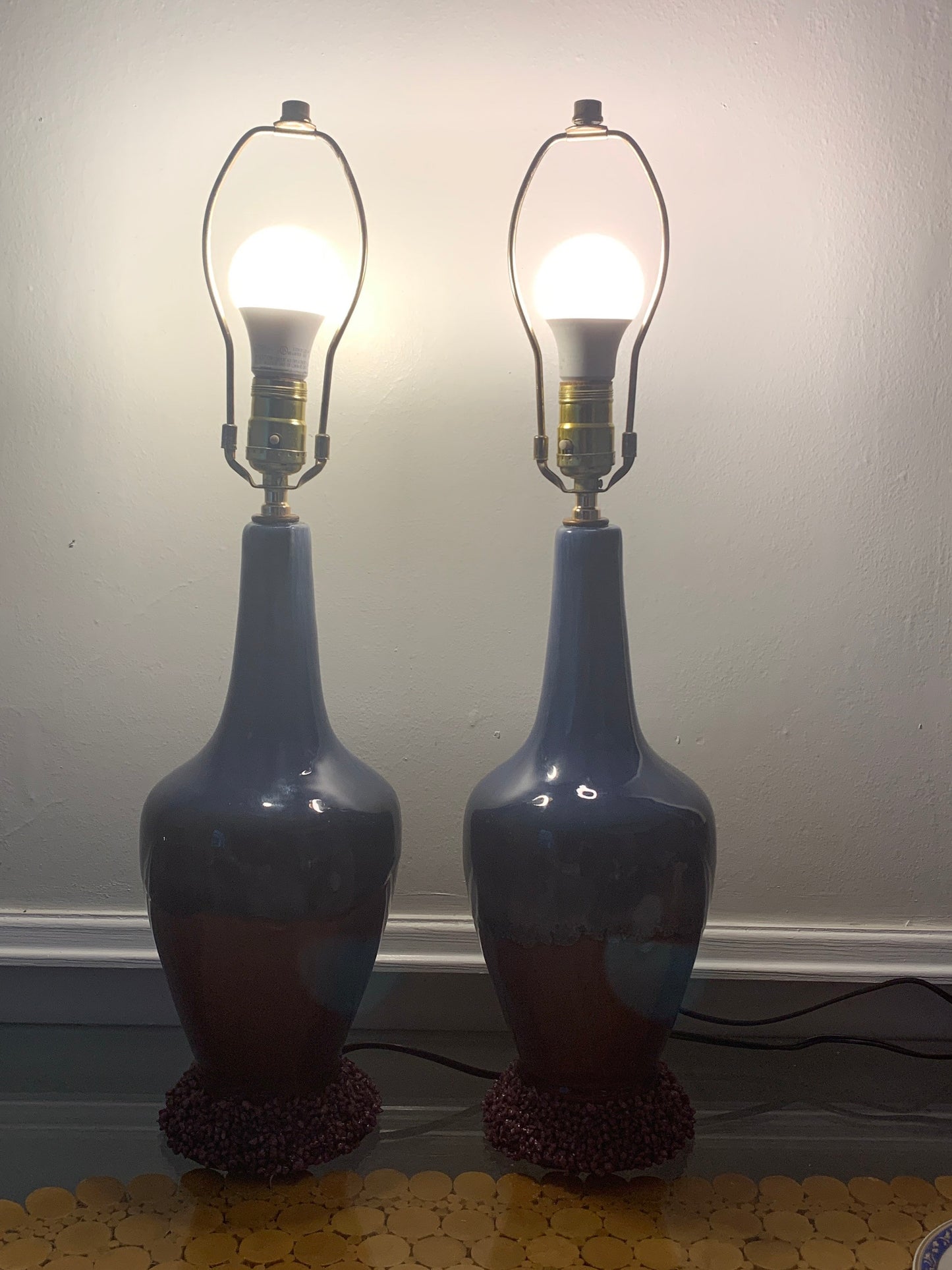 Pair of MCM Purple & Brown Drip Glaze Lamps No Shades